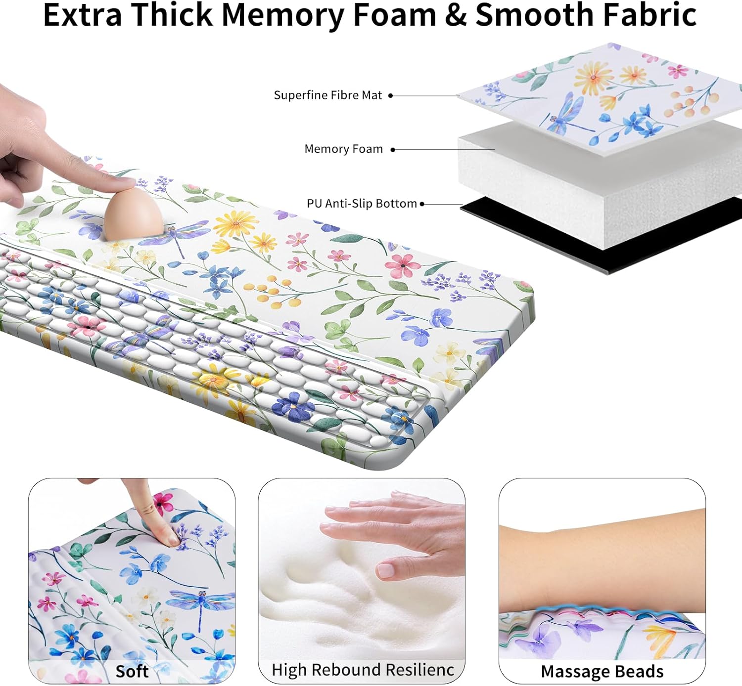 Wrist Rest for Computer Keyboard, Keyboard Wrist Rest, Ergonomic Keyboards Holder for Easy Typing Working, Wrist Pad for Keyboards with Comfortable Wrist Rest for Keyboard White Flower