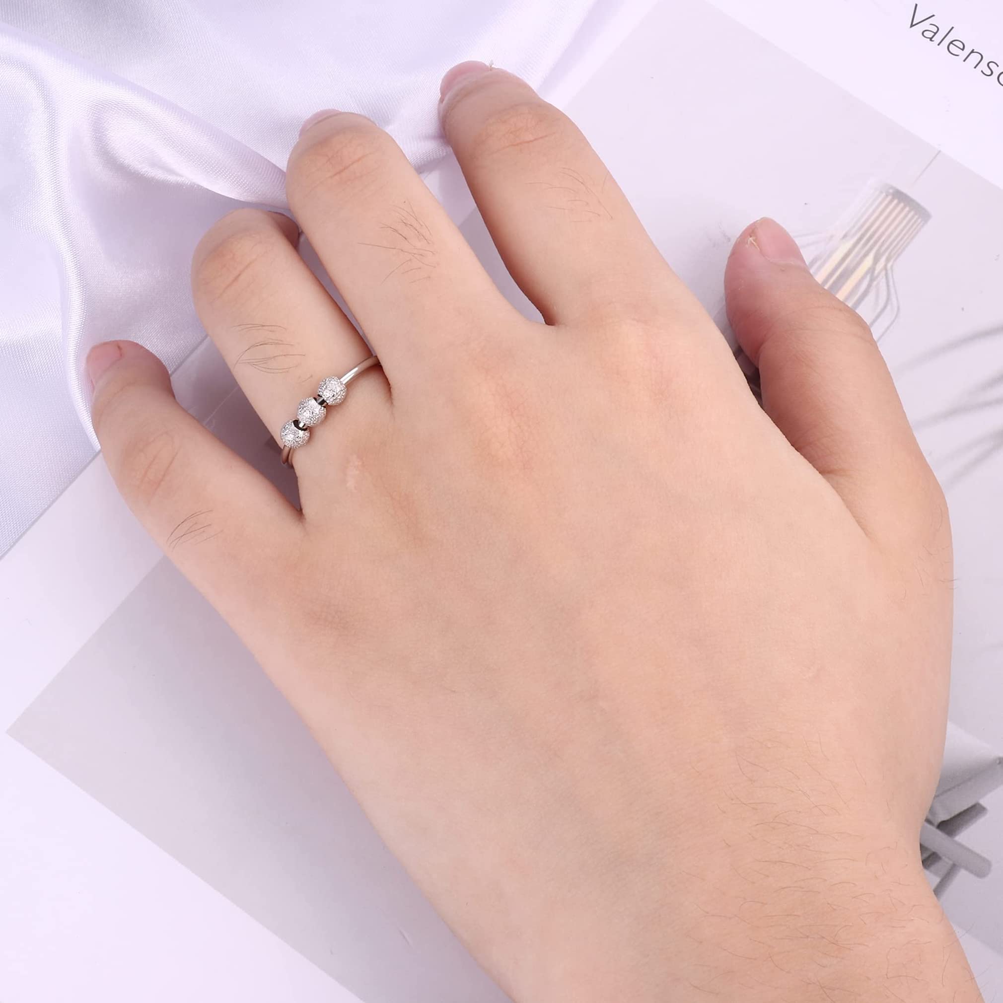 WBDWWTD Angstring für Frauen, 925er Sterlingsilber-Ring, Fidget-Ring, Stressabbau, Spinner-Perlenring, verstellbare offene Fidget-Spinner-Ringe