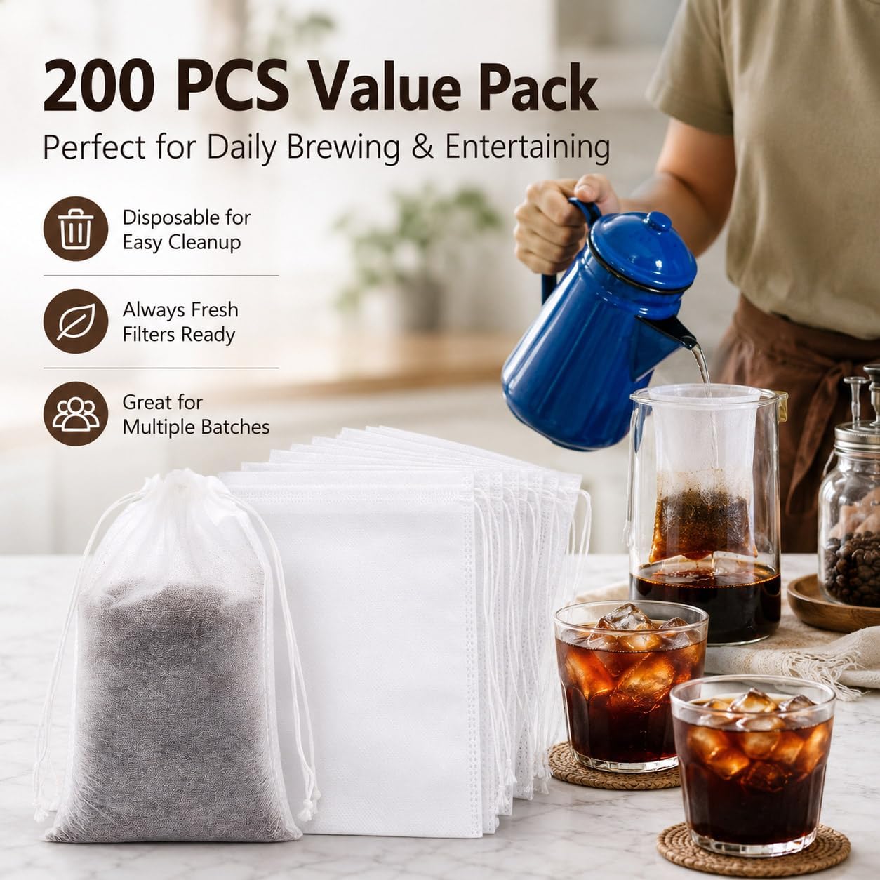 200 PCS Disposable Cold Brew Coffee Filter Bags 4x6 Inch with Drawstring – Fine Mesh Large Tea Bags for Cold Brew Coffee,Loose Leaf Tea, Herbs, Spices, and Home Brewing – No Mess,Eco-Friendly