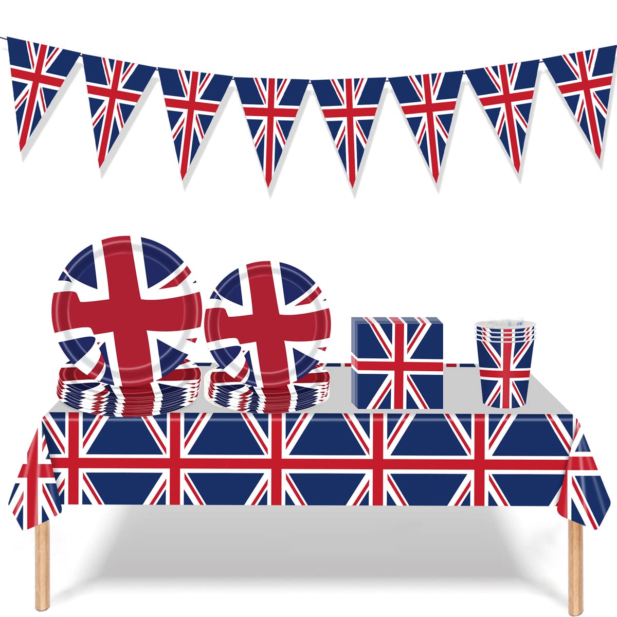 LDKJ65 Pcs Union Jack Tableware Set，Union Jack Napkins, Paper Cups, Paper Plates and Table Cloth, 2022 Queen's Platinums Jubilee Party Celebrations Supplies