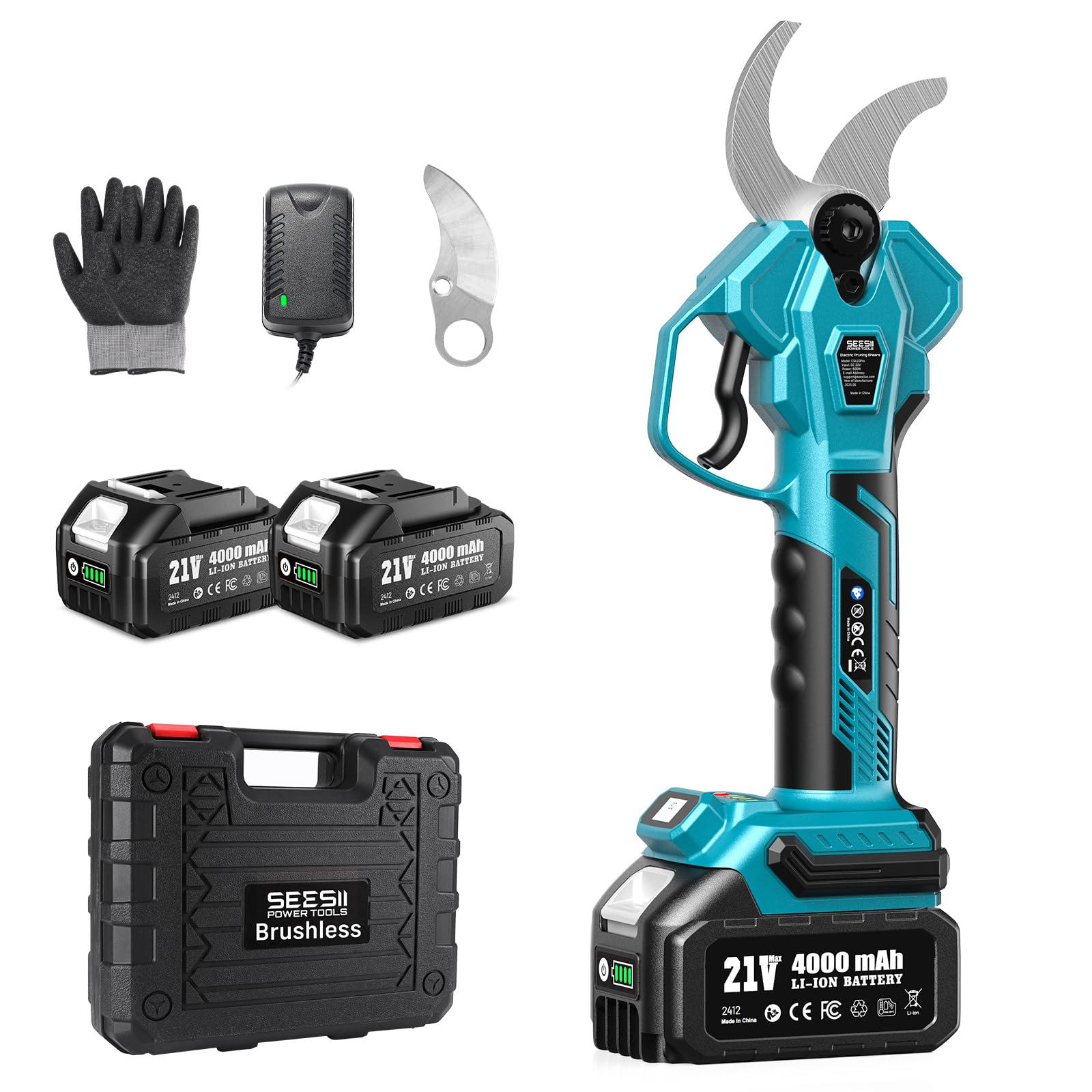 SEESII Electric Pruning Shears for Gardening: 1.8” Cutting Cordless Power Pruner - Brushless Motor, Dual 4.0Ah Battery, 4 Levels Adjustable Extra SK5 Blade Branches Cutter For Tree & Flower