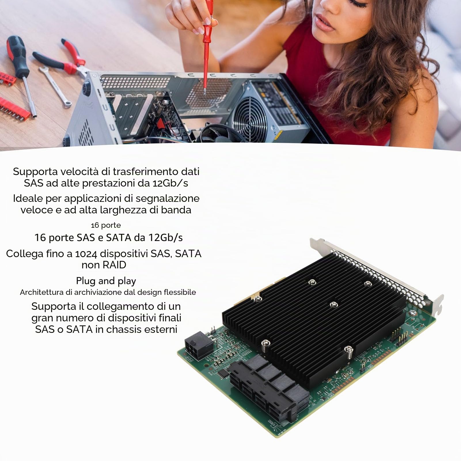 Scheda HBA Controller SAS LSI 9300-16i, Adattatore Bus Host SAS SATA da 12 Gbps a 16 Porte, Espansore RAID PCIe 3.0, Non RAID, per per Linux per VMware per FreeBSD