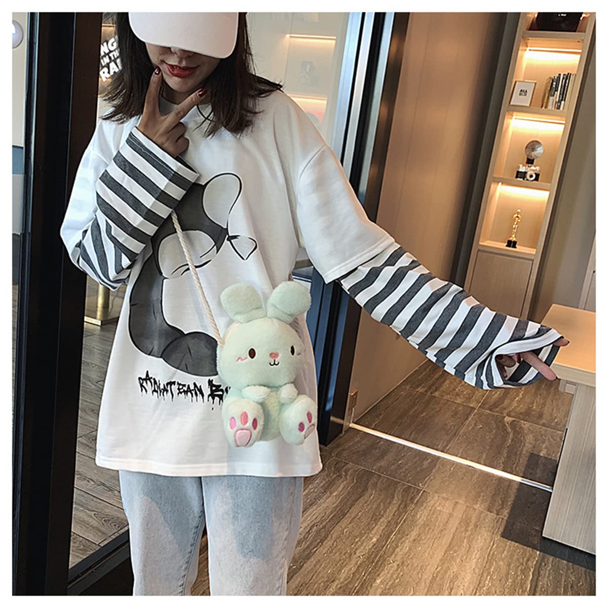 Verve Jelly Femmes Filles Sac à Bandoulière en Peluche Mini Mignon Sac à Bandoulière Moelleux Doux en Peluche Lapin Sac à Bandoulière Lapin de Dessin Animé Sac de Messager Dames Filles Petit Sac
