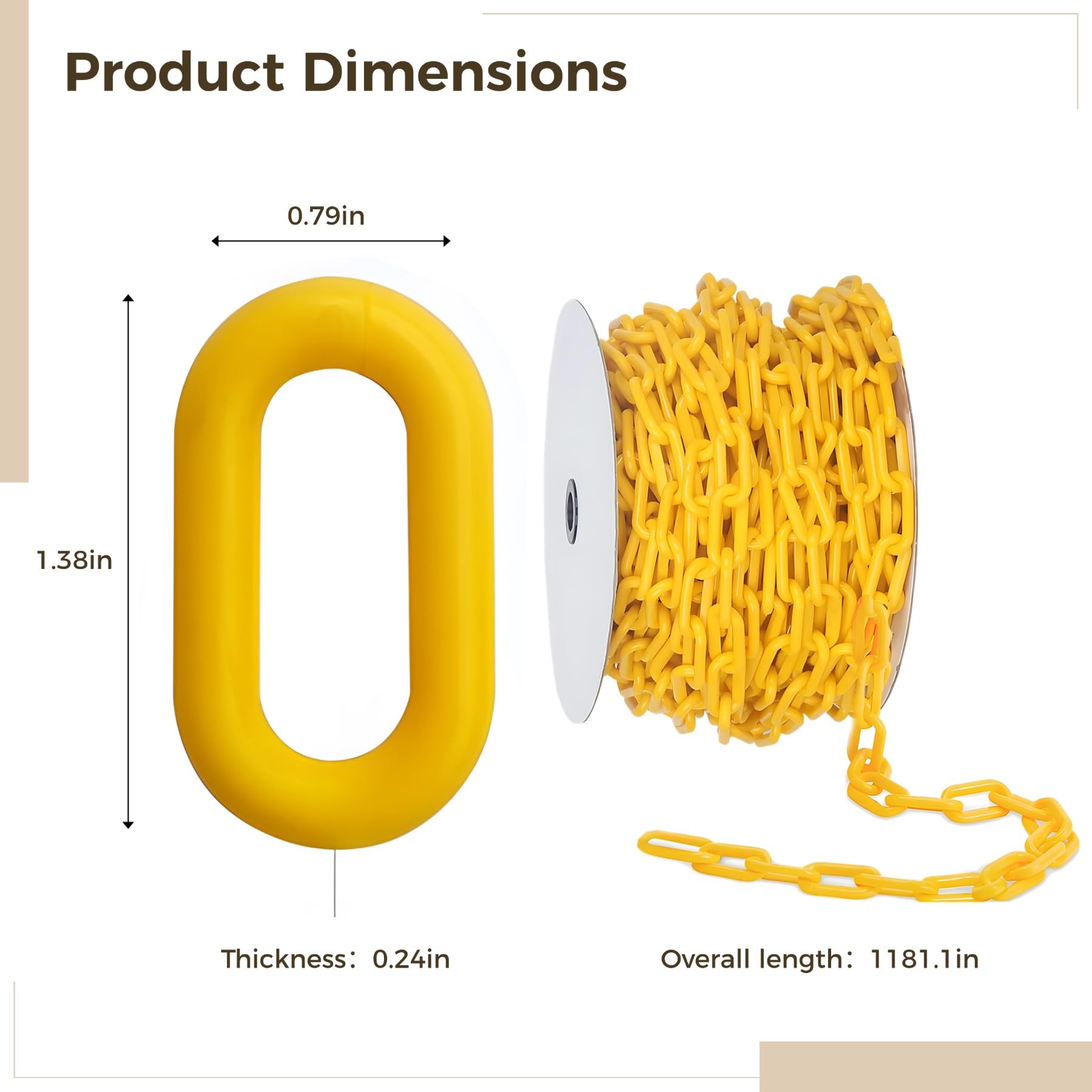 Chaîne de balisage en plastique en rouleau, 30 m, jaune, clôture à maillons en polypropylène robuste, pour usages multiples, installation simple et rapide, pour délimitation et signalisation