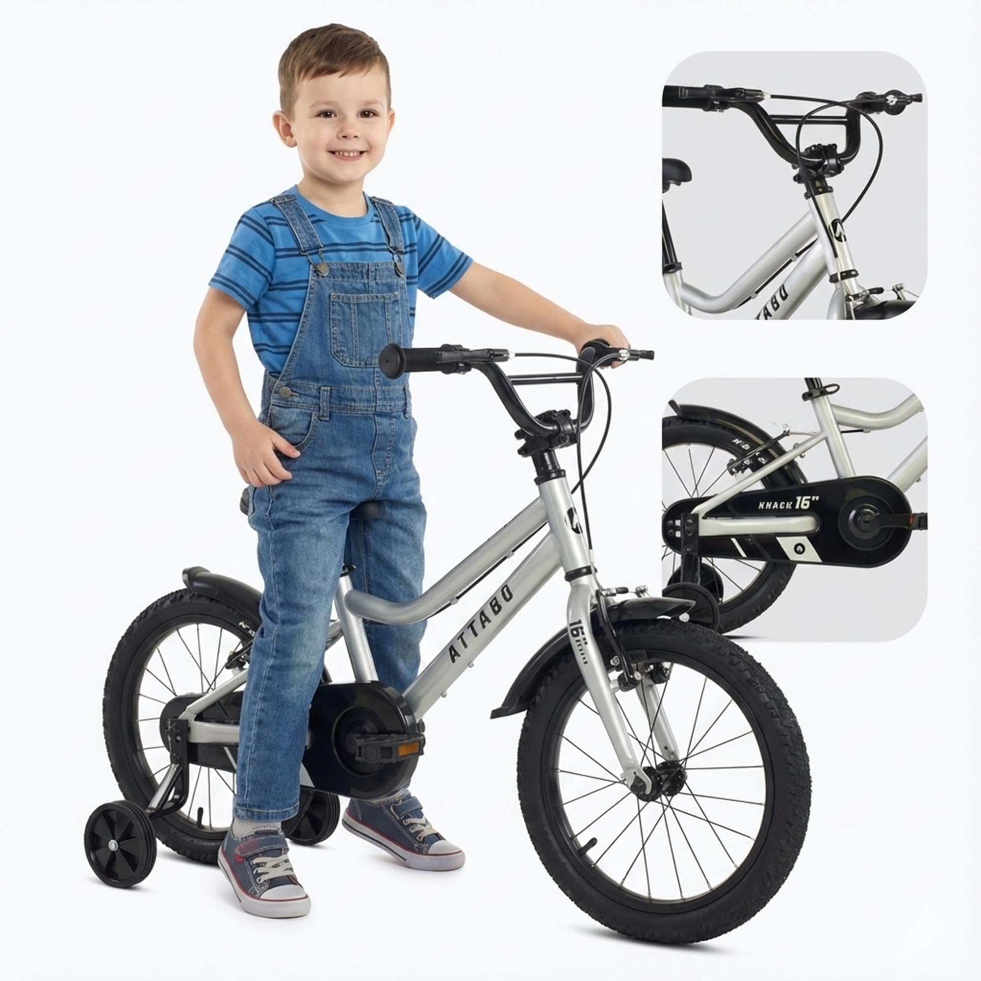 ATTABO Knack 16 – Kinderfahrrad 16 Zoll – Leichter Aluminiumrahmen (9kg) – Mit Stützrädern & V-Bremse – Für Kinder 5-7 Jahre (110-120 cm) – Ideal zum Fahrradfahren Lernen Sport & Freizeit