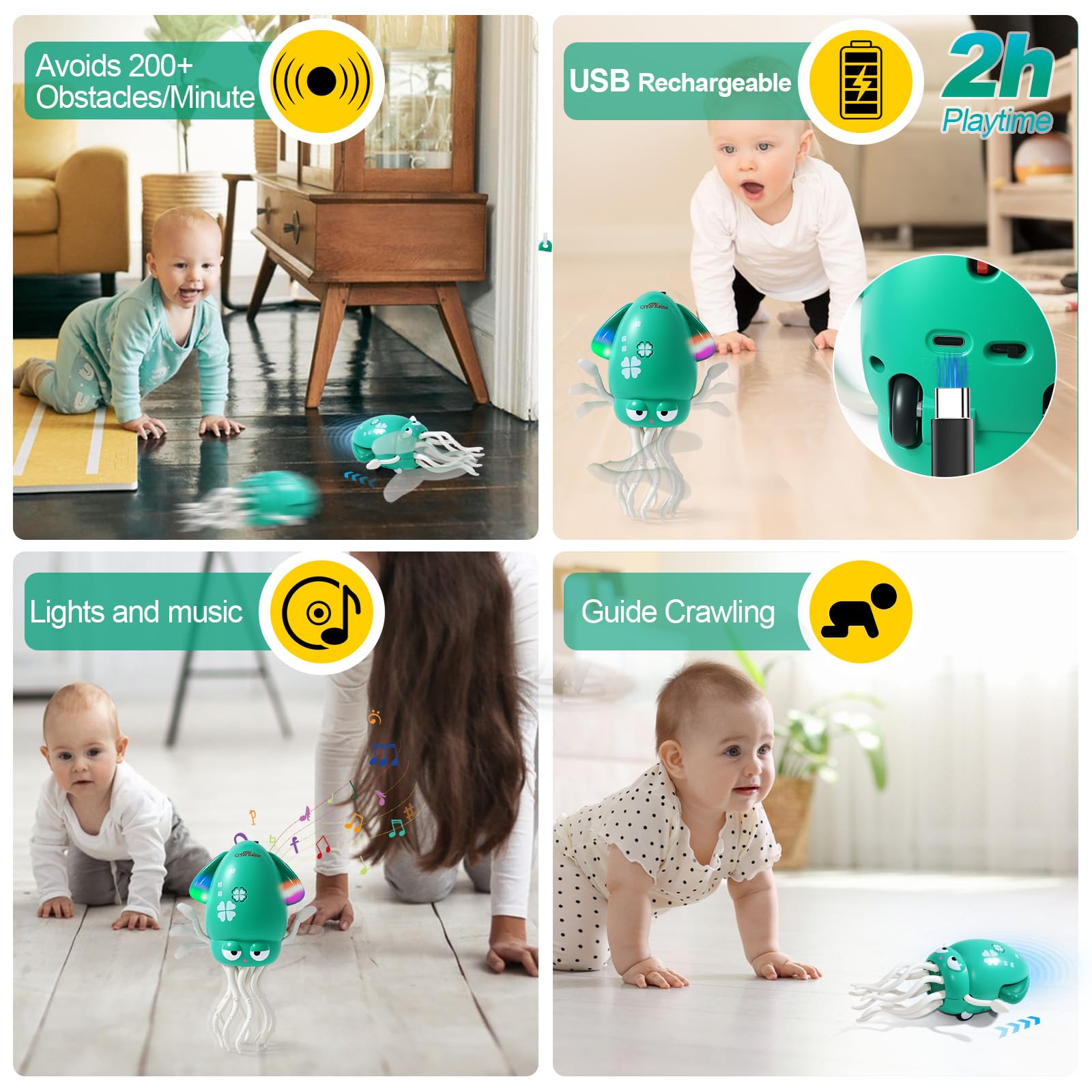 2026 New Electric Dancing Squid Toy with LED Lights & Music, Crawling Dancing Octopus Toys Tummy Time Toys, Magic Dancing Squid Baby Toys Obstacle Avoidance & Fishing Game (Green, S)