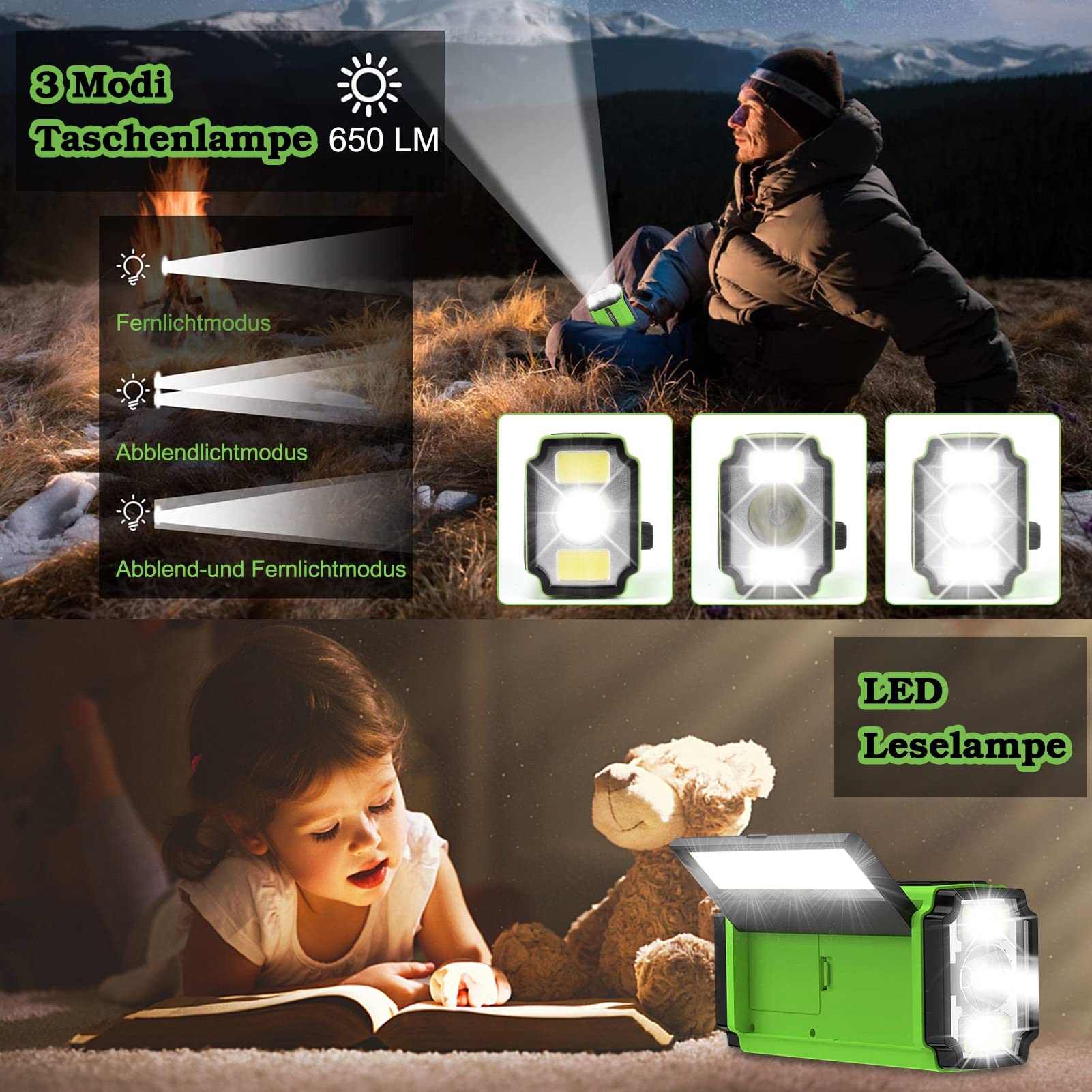 Radio Solar, Radio Portátil con Manivela y Dinamo Am/FM, Batería Recargable Incorporada de 5000mAh, 3 Modos de Linterna LED, Lámpara de Lectura LED, Alarma SOS para Emergencias, Outdoor (Verde)