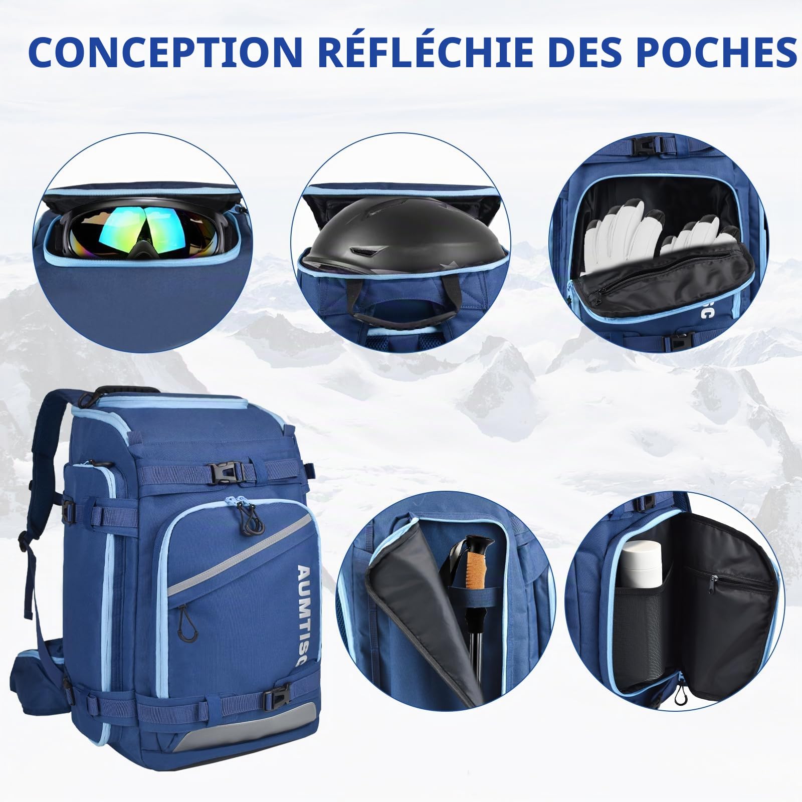AUMTISC Sac à Dos pour Chaussures de Ski, Sacs à Chaussures de Ski rembourrés et Sacs Porte-Casque pour Voyage aérien, équipement de Ski, Lunettes, Gants, Ski et Snowboard