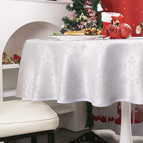 MikiUp Mantel redondo de Navidad de jacquard, mantel de tela metálica brillante con copos de nieve de Navidad, impermeable y lavable, mantel