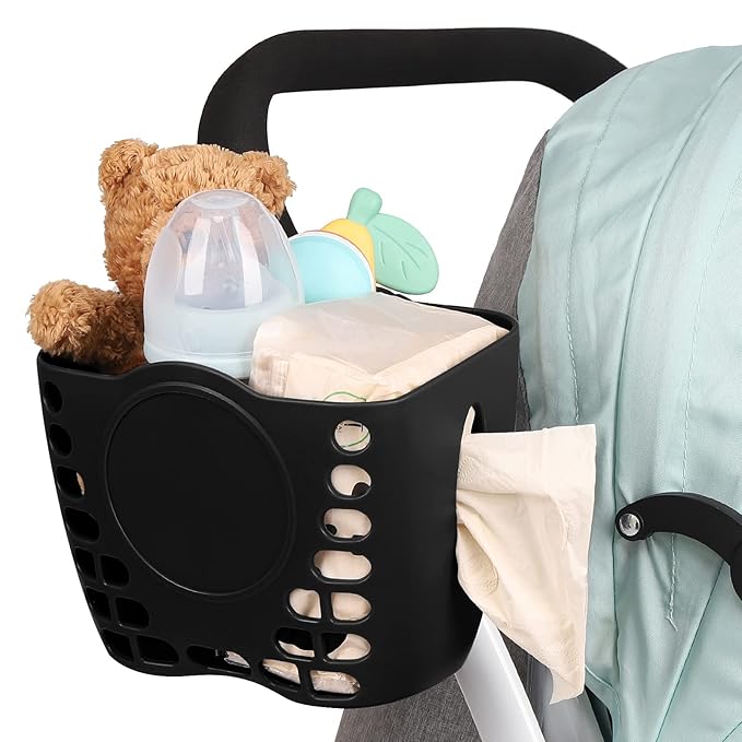 Universal Stroller Cup Holder Organizer Stroller Basket, Stroller Cup Holder Storage Basket Accessory for Stroller Bike Walker Wheelchair Scooter,Black