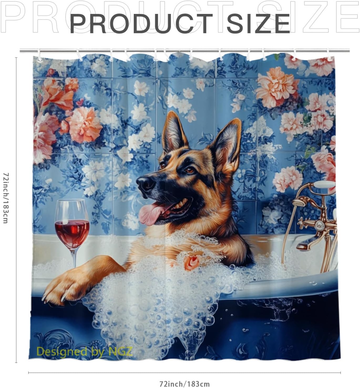 NGZ Funny German Shepherd Shower Curtain, SPA with Wine, Blue Shower Curtain, 72x72 Inches Shower Curtains for Bathroom, Bath Curtains Set with 12 Hooks