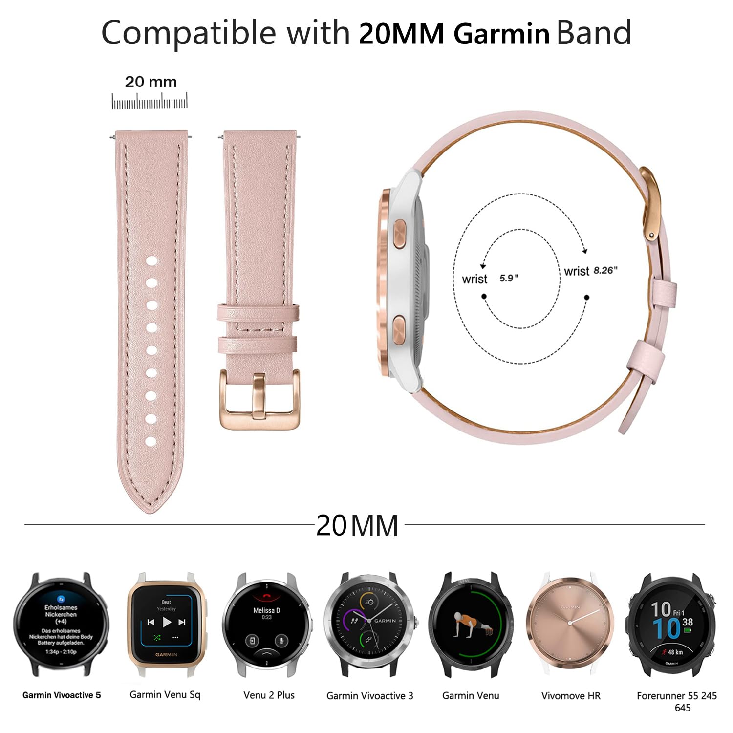 Issinlky 20mm Leather Business Band for Garmin Venu 2 Plus, Venu 2, Sq, Sq Music, Vivoactive 3, 5, Vivomove HR, Forerunner 55 - Image 3