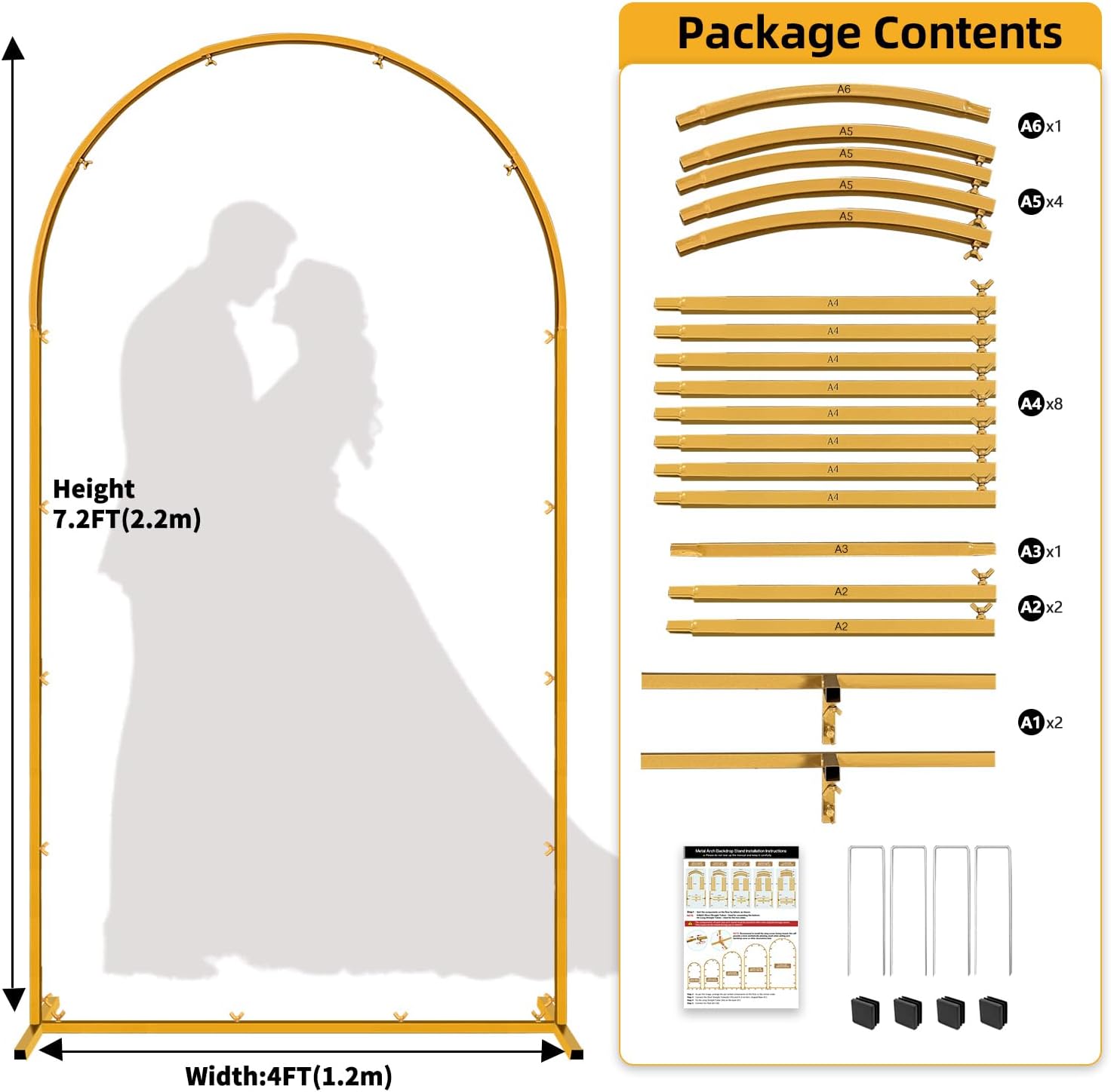 7.2 FT Wedding Arch Backdrop Stand, Gold Metal Arch Backdrop Stand for Wedding Party Ceremony Birthday Bridal Baby Shower Photo Booth Garden Floral Balloon Arches Decoration 7.2 x 4 FT (HxW)