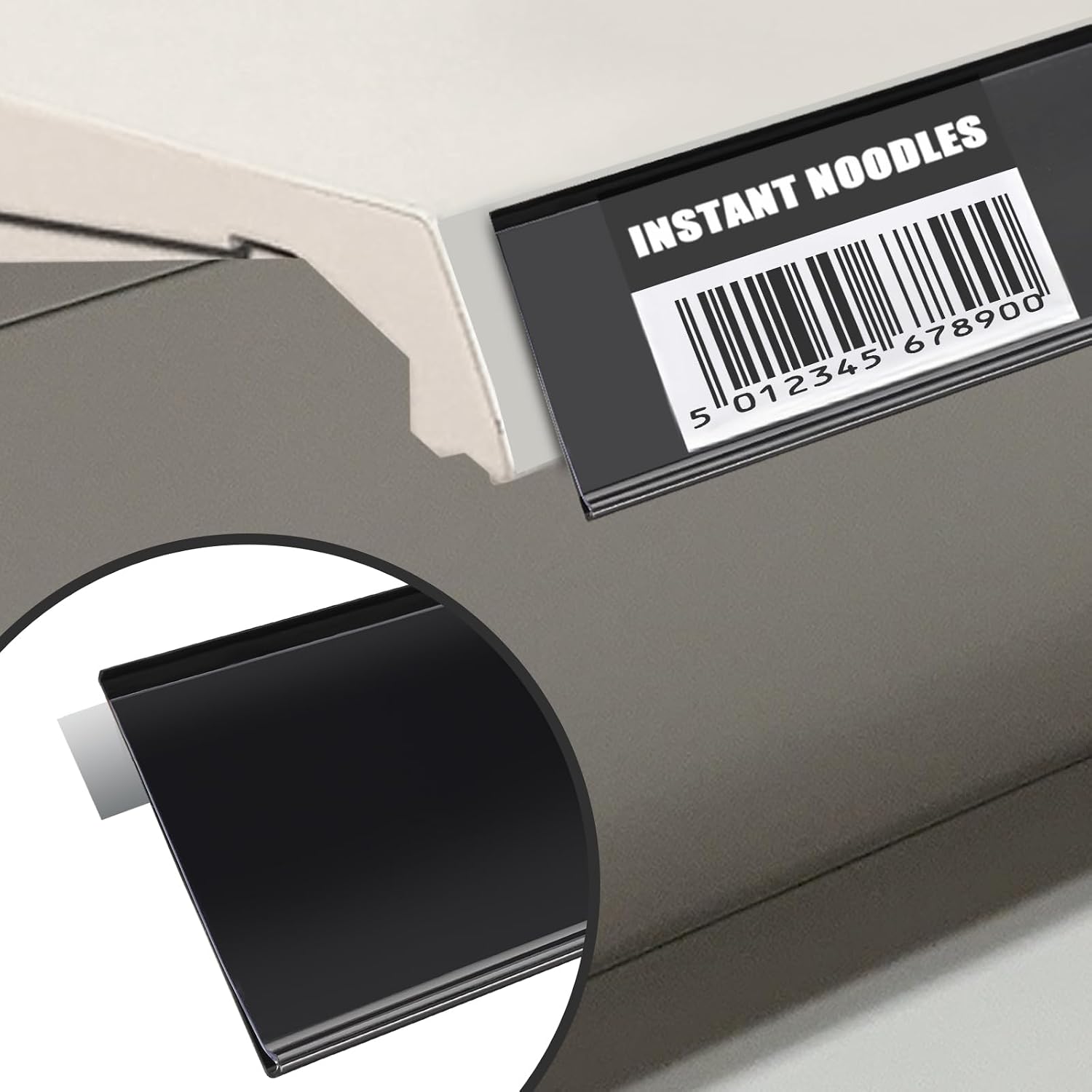 Shelf Label Strips, Pro Painter 100 Pack Self Adhesive 1.5”H Shelf Strip Price Tag Holder for Plastic, Metal and Wood Gondola Shelf, Clear Plastic Front/Black Back Sign Holder for 48” Long Shelf
