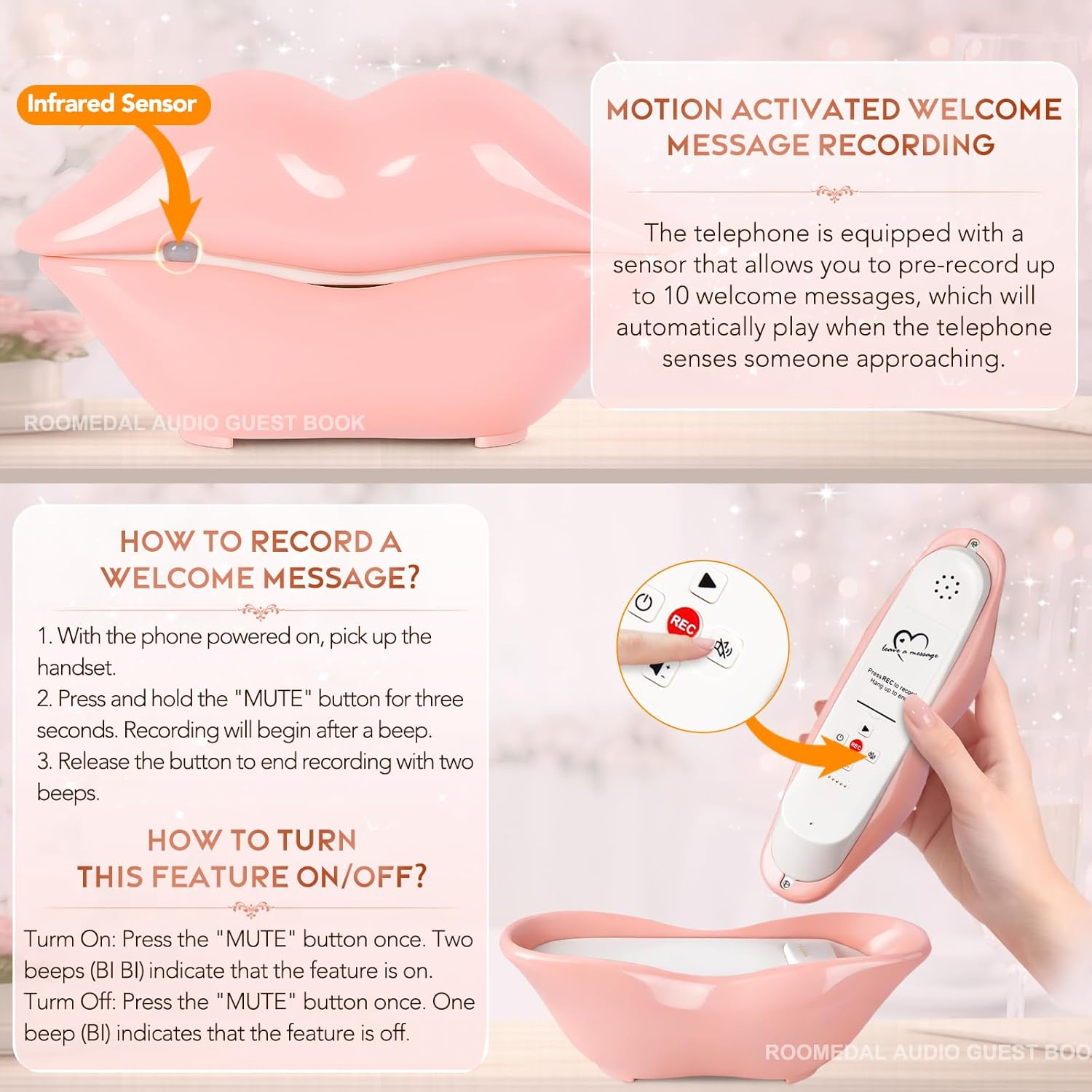 Audio Guest Book Phone for Weddings & Parties, Lip-Shaped Voicemail Recorder, Custom Message Recording, Adjustable Volume, Replay Function (Pink)