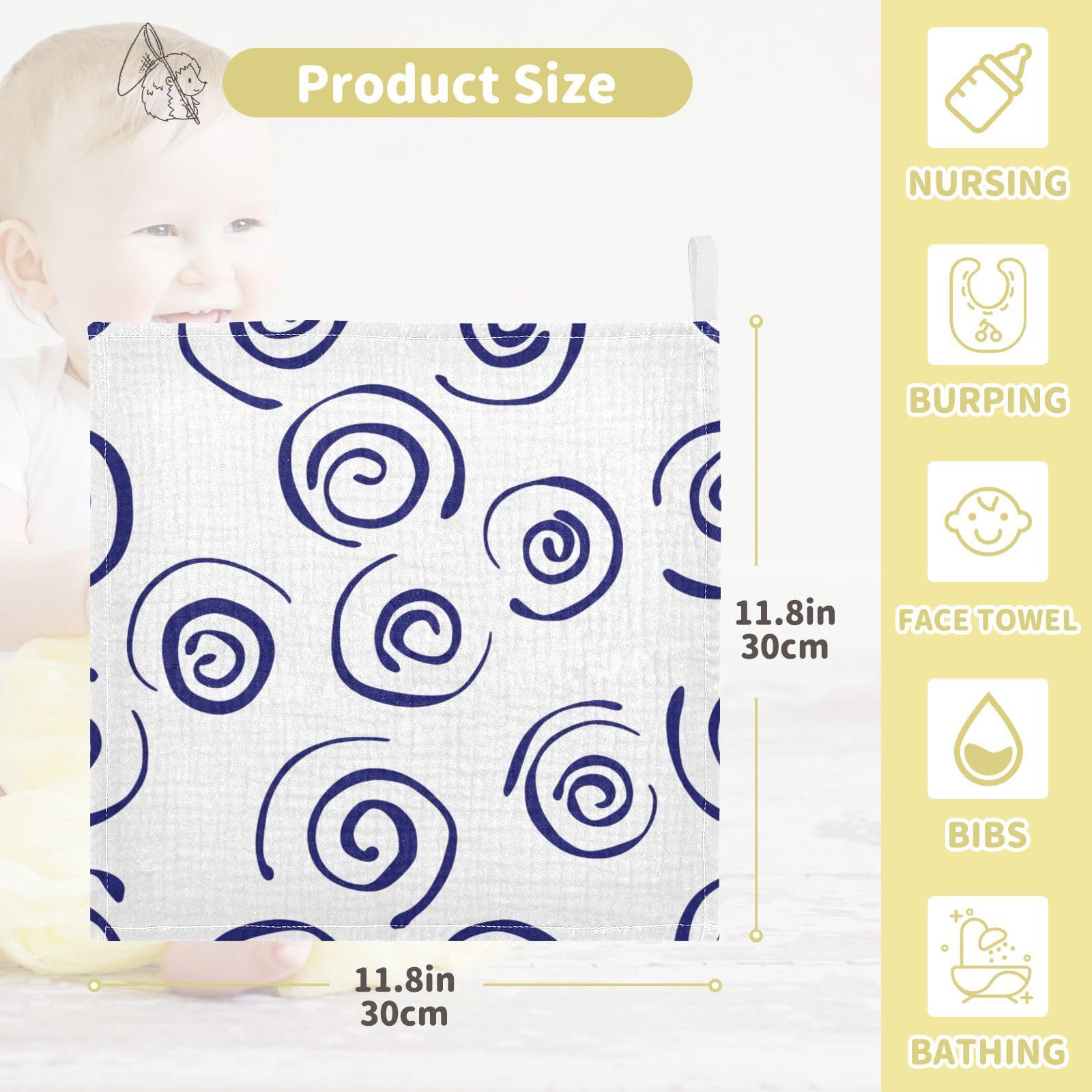 Nander 3Pack Baby Muslin Washcloths,Blue Spiral Soft Face Cloths for Newborn, Absorbent Bath Wash Cloths, Wipes, Burp Rag,Toddlers Essentials Stuff, Baby Registry as Shower