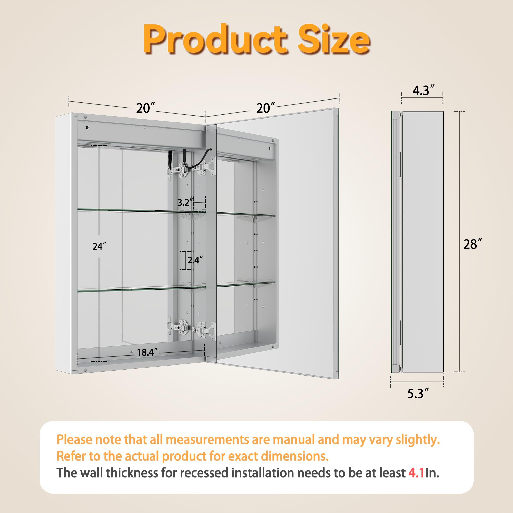 20x28x5.3 Inch Aluminum Medicine Cabinet with Lights for Bathroom, 2 Outlets & USBs, Built-In Sensing Light, Defog/3 Colors Temperature/Dimming, Adjustable Shelves, Wall Mount or Recessed, Right Hinge