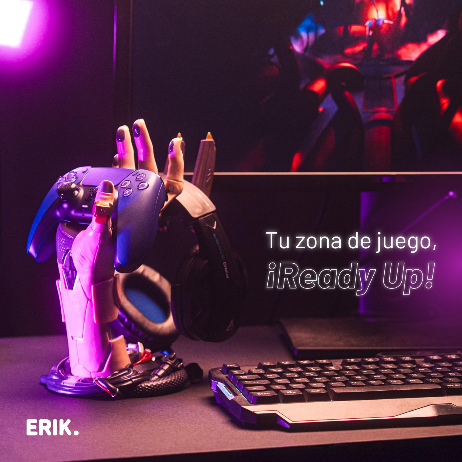 Grupo Erik Soporte Mando PS5 y Auriculares Cyberpunk - Soporte Mando XBOX, PS4, PS5 para Escritorio Gamer | Accesorios PS5, Setup Gamer Regalos (16 x 20 x 27,5 cm)