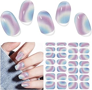 Semi Cured Gel Nail Strips (Multicolor), 28pcs Gel Nail Stickers, Work with Any UV Lamps, Long-Lasting NailWraps for Women Gifts, Easy to Apply & Remove, Includes Prep Pads & Wooden Stick