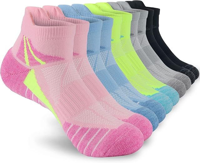 KOOOGEAR Running Trainer Socks Women 4-7,Womens Ladies Ankle Sports Socks Low Cut Anti Blister Cushioned Walking Cotton Socks 5 Pairs Colourful Breathable Wicking Non-slip Athletic Socks