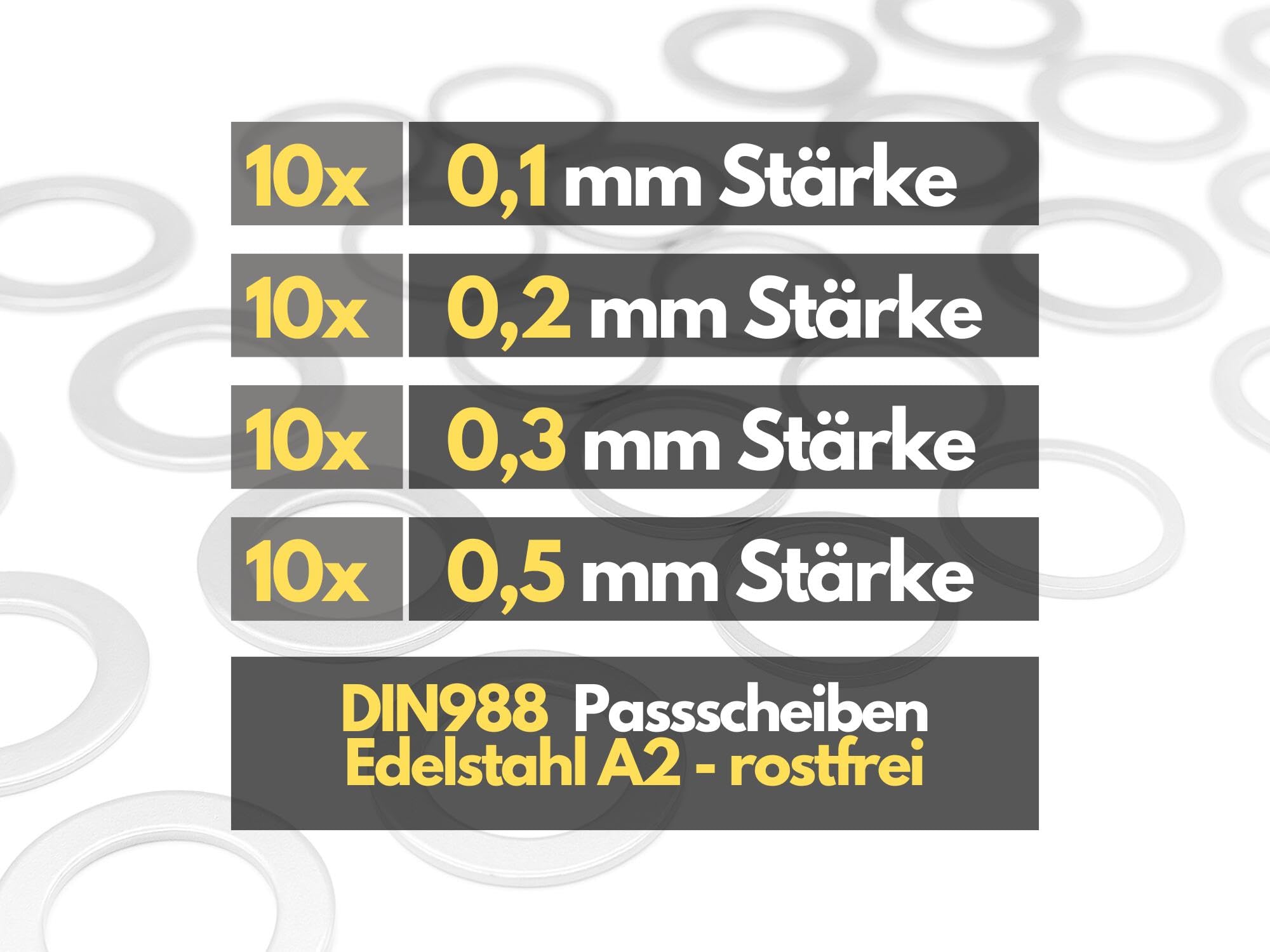 Passscheiben Sortiment 10x16mm 40tlg. Edelstahl DIN988 rostfrei 0,1mm - 0,5mm Scheibendicke Distanzscheiben Ausgleichsscheiben Set - rcbay