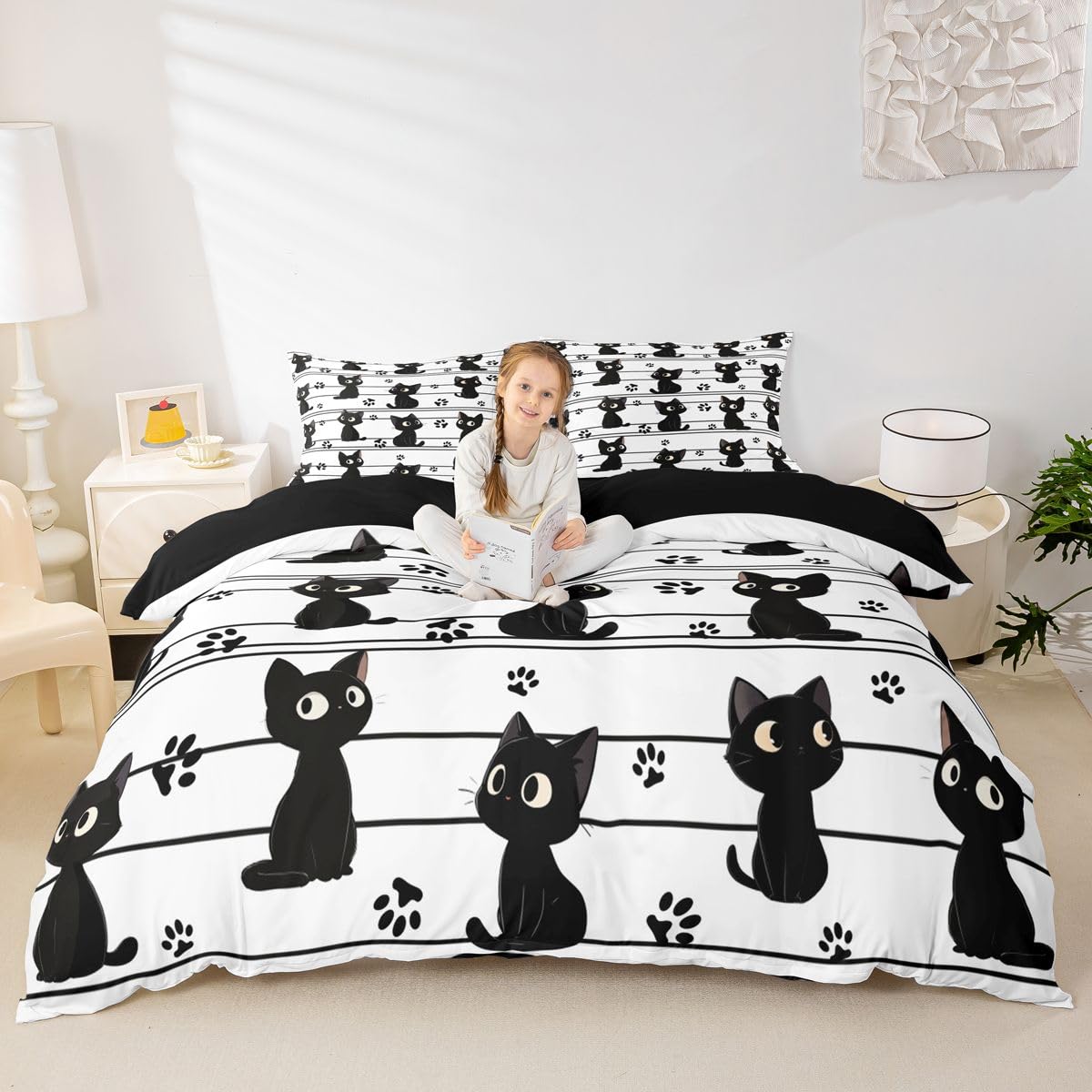 Homewish Dzieci czarny kot król zestawy pościeli na kołdrę urocze czarne koty poszewka na kołdrę kreskówka śmieszne koty łóżko zestaw kawaii kot łapa nadruk