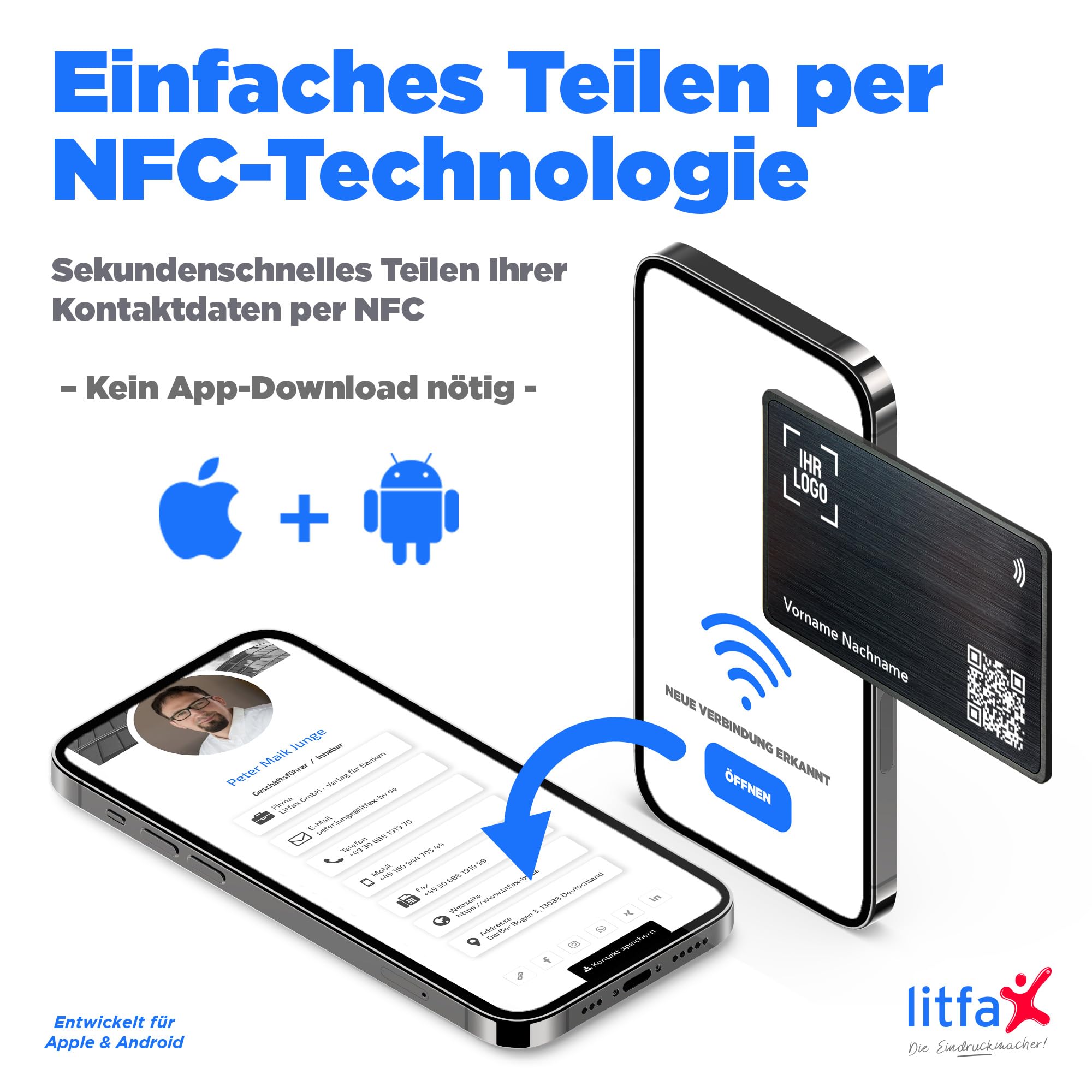 Litfax Digitale NFC Visitenkarte – Metall – NFC Karte inkl. Website & vCard-Profil – Keine monatlichen Gebühren – Kompatibel mit Smartphones (Android und iOS) (Metall Schwarz)