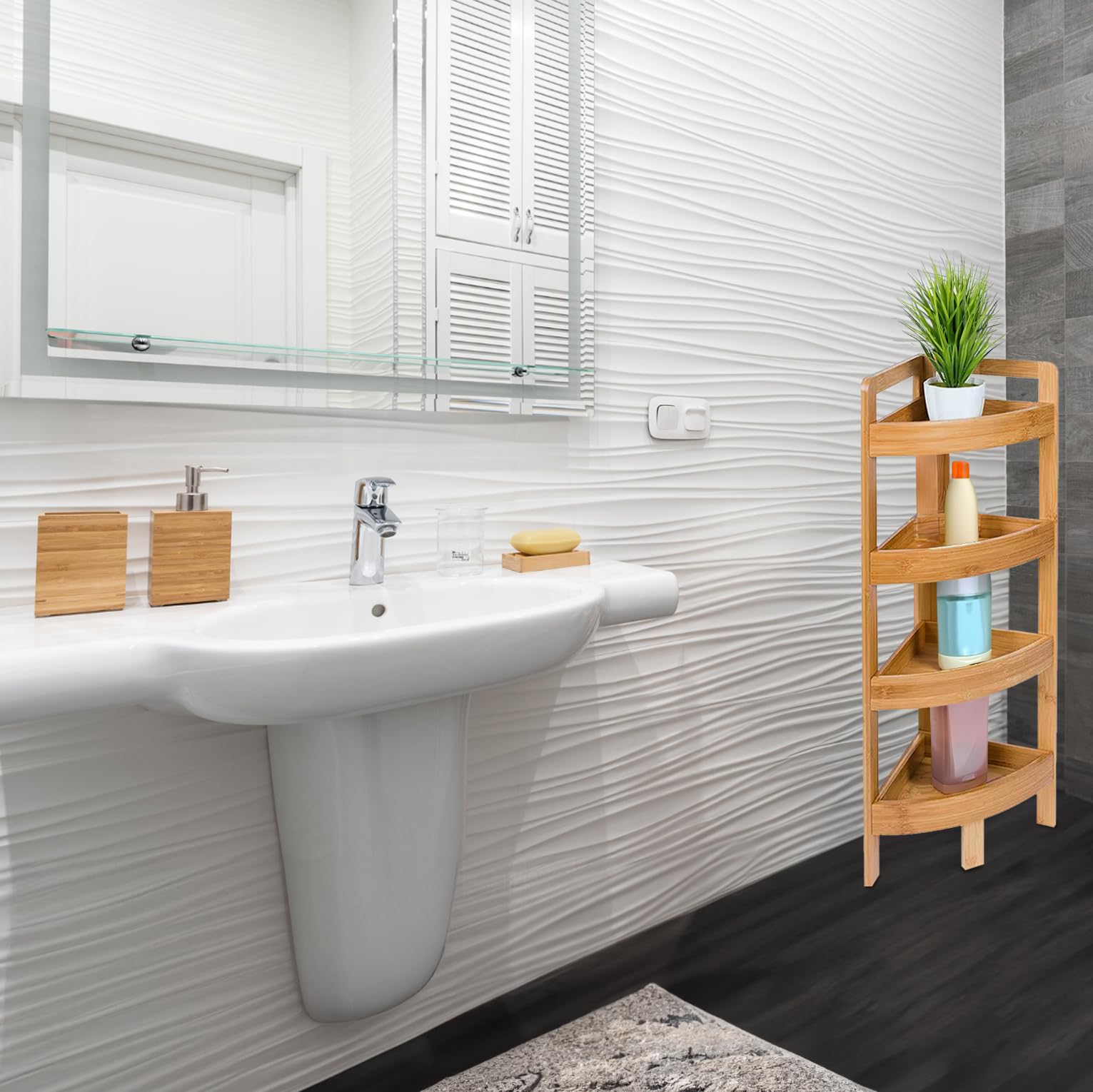 Bambus Badregal Standregal Eckregal Badregal mit 4 Ablagen Holzregal Badezimmerregal 80 cm hoch