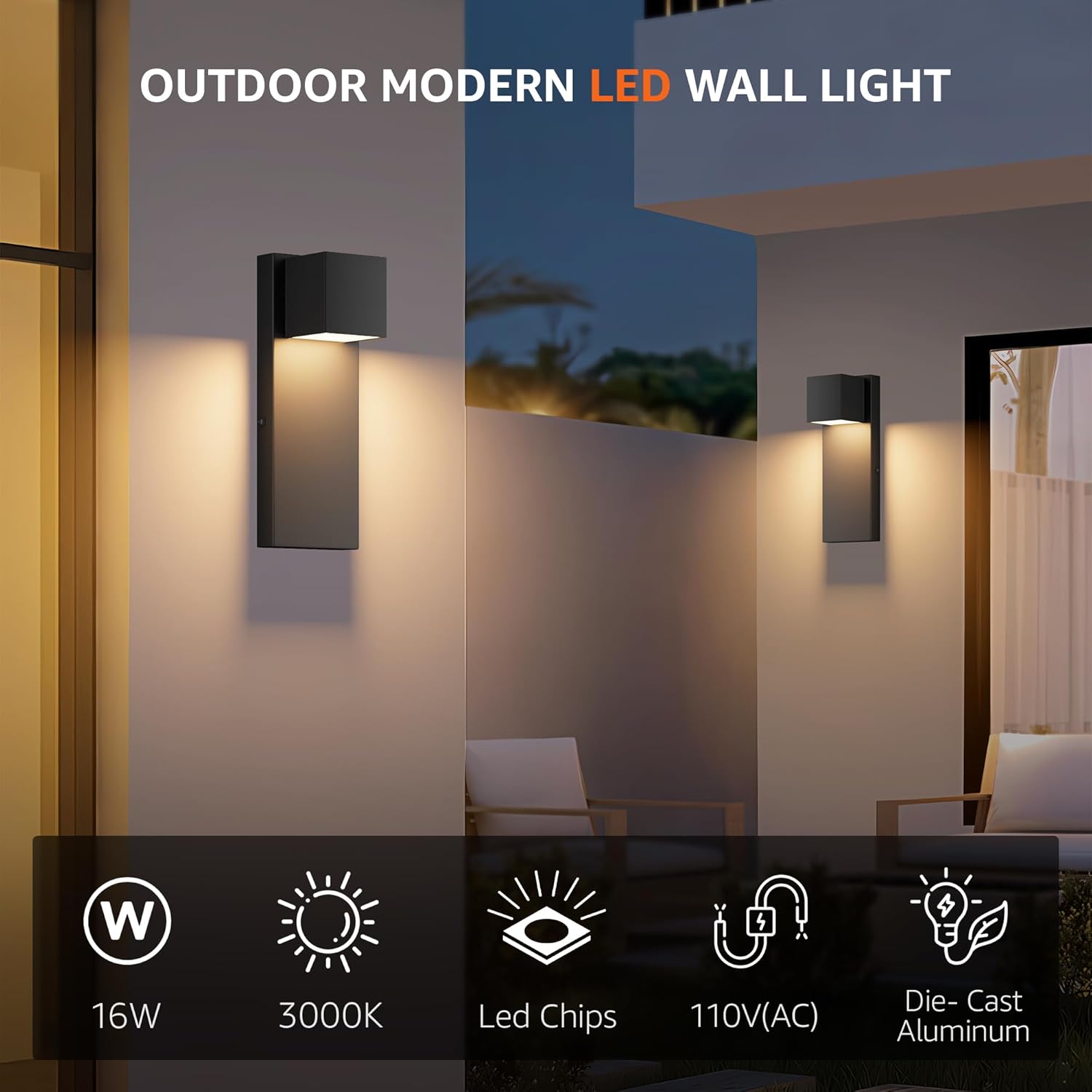 2 Pack 13" Modern Outdoor Led Wall Light,16W 3000K 1200Lumen Porch & Patio Hardwired Wall Mount Wall Sconces,Exterior IP65 Waterproof Aluminum Wall Lamp for Front Door Garage Garden(Black)