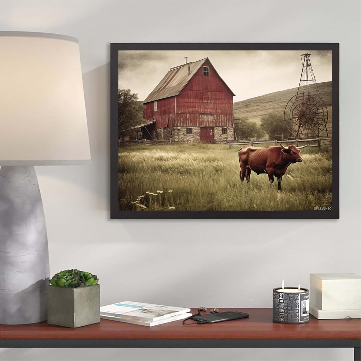 Christmas Gift Farmhouse Red Old Barn Windmill Landscape Rustic Cow Cattle Vintage Nature Scenery 5D Adult Diamond Art, DIY Diamond Painting Kit 12x16 inch Suitable for New Year, Valentine's Day