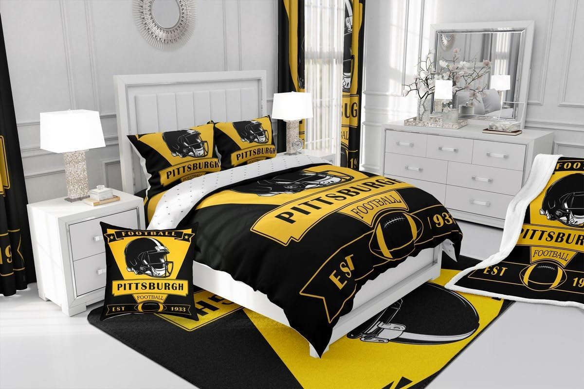 Loussiesd Football Letto Trapuntato,pittsburgh Piumino Letto Con Lenzuola 7 Pezzi 230x220cm(7-piece Set),american Football City Regali Per I Tifosi Di Calcio