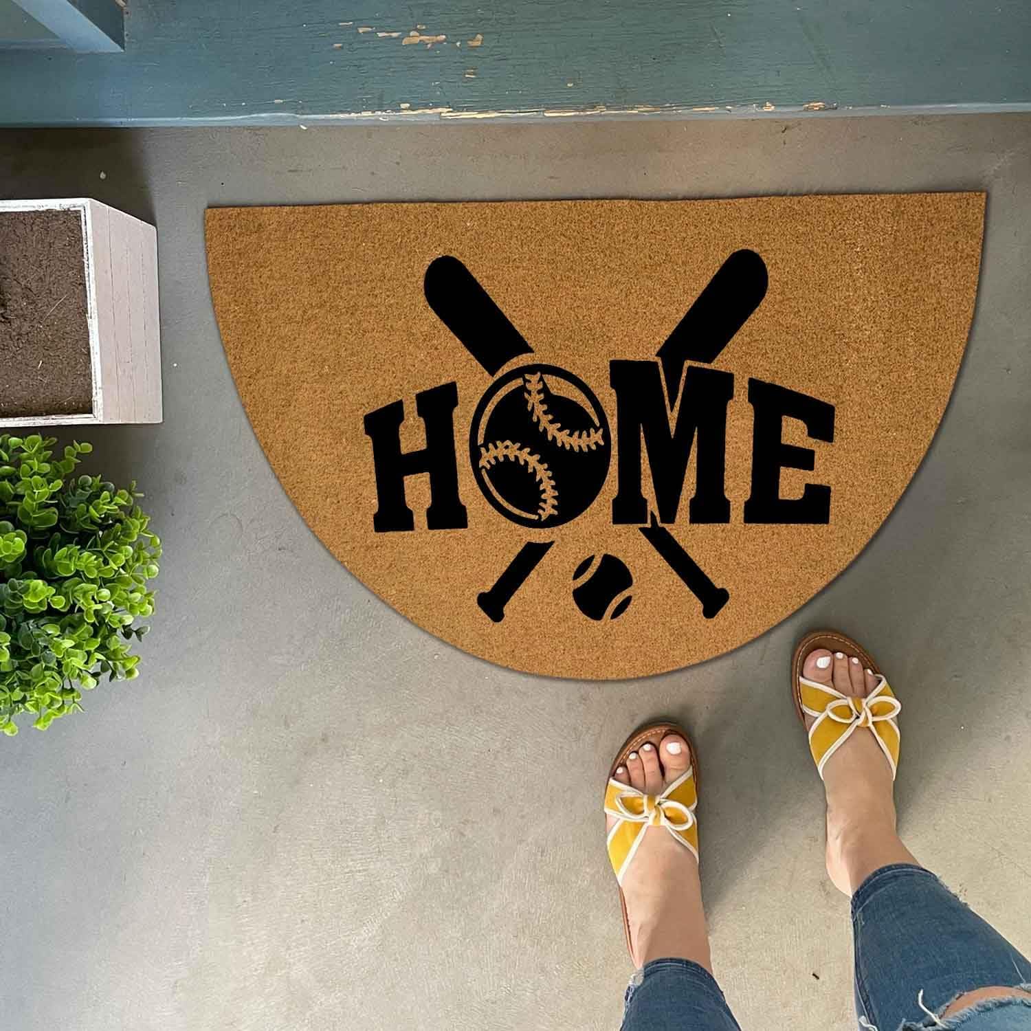 Funny Semicircle Artificial Coir Doormat Baseball Bats & Ball Home Front Door Outdoor Doormat with Heavy Duty Anti-Slip Backing Front Porch Half Circle Welcome Mats 29.5 x 17 inch