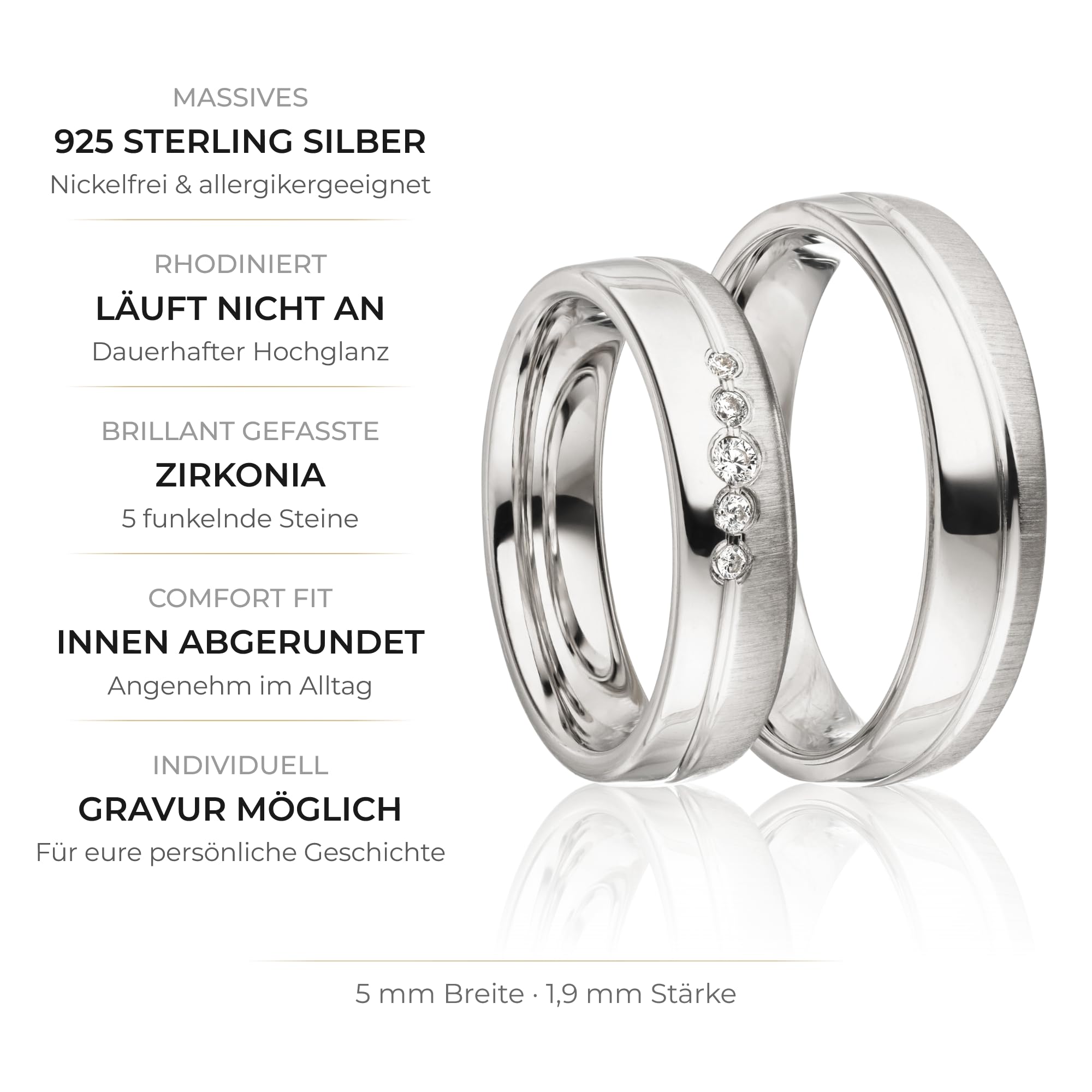 Kolibri Rings - Freundschaftsringe Paarpreis Silber 925 Massiv Nickelfrei Zirkonia Steine Trauringe Eheringe Partnerringe 100% Made in Germany- Inkl. Gratis Etui + Gravur