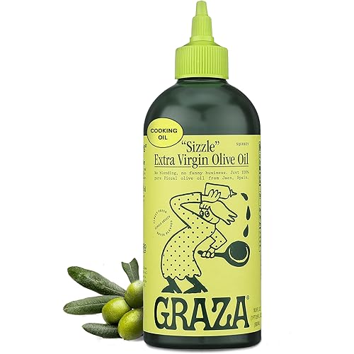 Graza Sizzle Extra Virgin Olive Oil, Cooking Oil - High Polyphenol Peak Harvest EVOO Cooking Oil in a Squeeze Bottle - Single Farm Olives from Spain - 16.9 Fl Oz (500ml)
