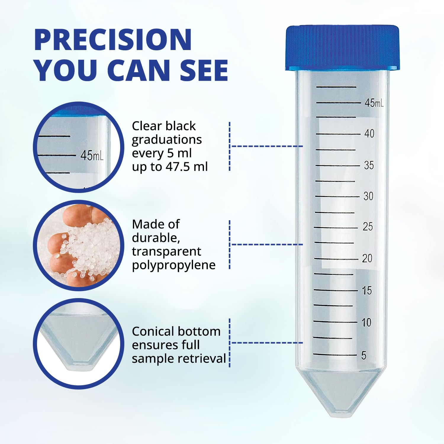 United Scientific™ Centrifuge Tubes 50mL, Conical Tubes Sterile 50 PCS, Polypropylene, Leak-Proof Screw Caps, Plastic Container with Graduations and Writing Space