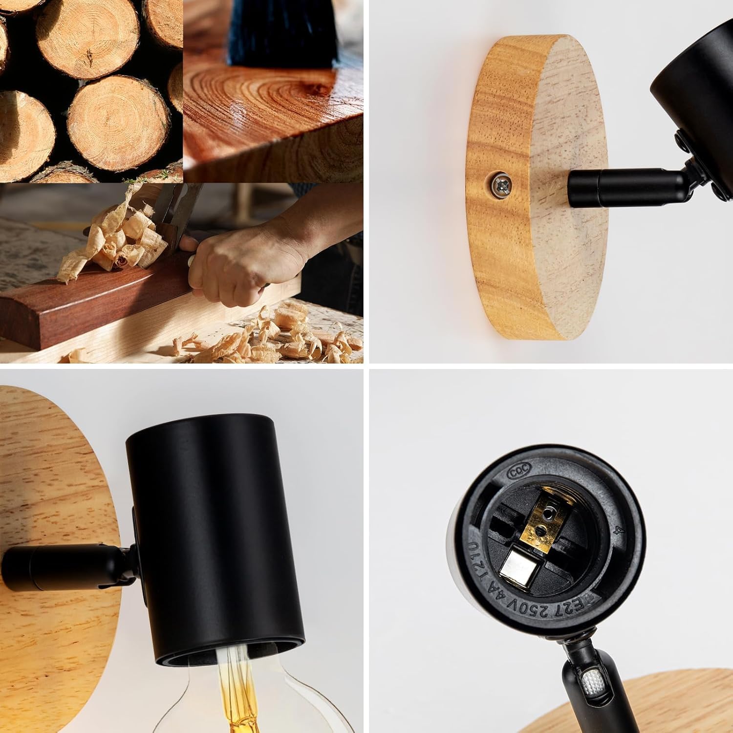 Tealight 4 Pezzi Applique da Parete Interno, Applique Camera da Letto,lampade per corridoio, Legno e Metallo Design, Lampada a Muro Vintage E27 per Corridoio, Camera da Letto,Soggiorno, Nero