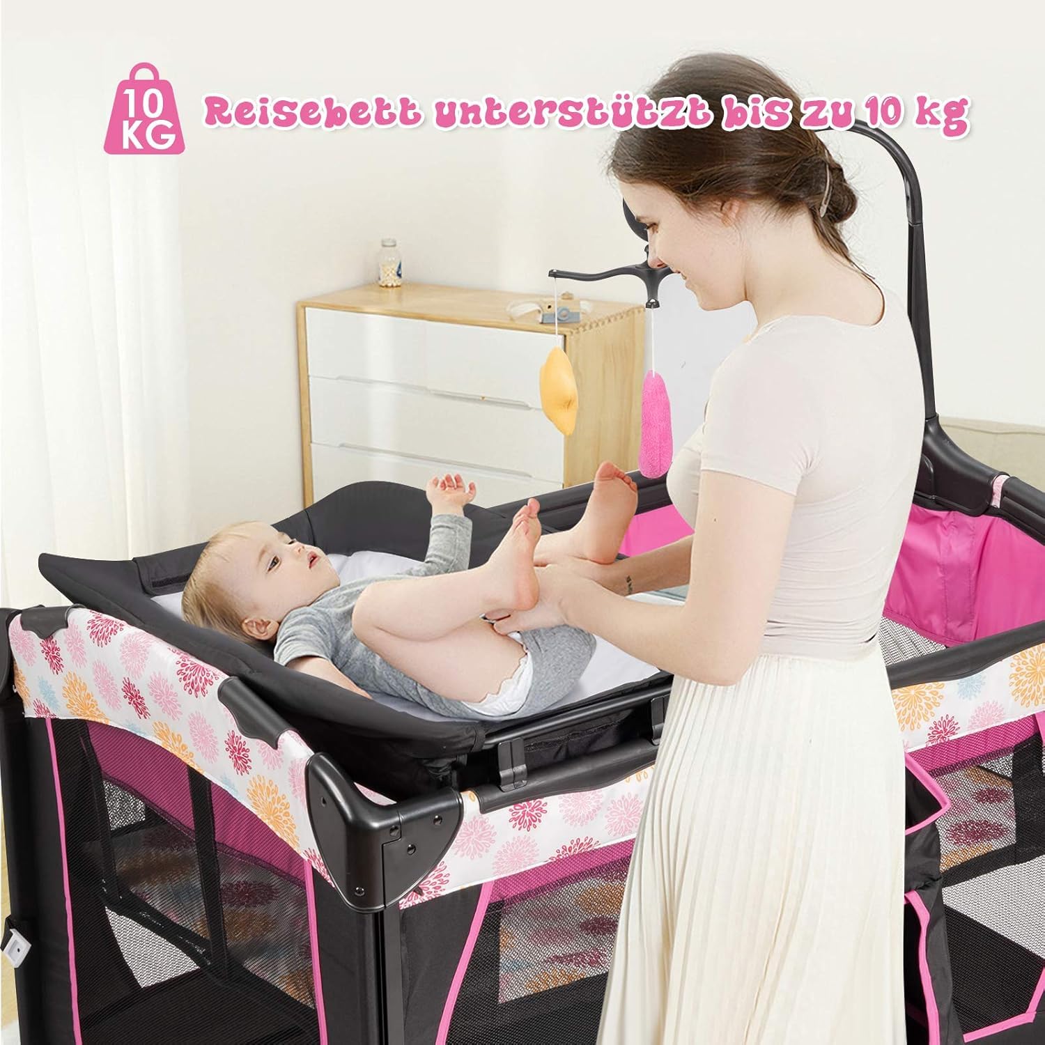 FANTASK Lettino da viaggio pieghevole 4 in 1 fino a 15 kg, culla mobile, lettino e fasciatoio e box a 2 livelli, regolabile in altezza con custodia, materasso e carillon