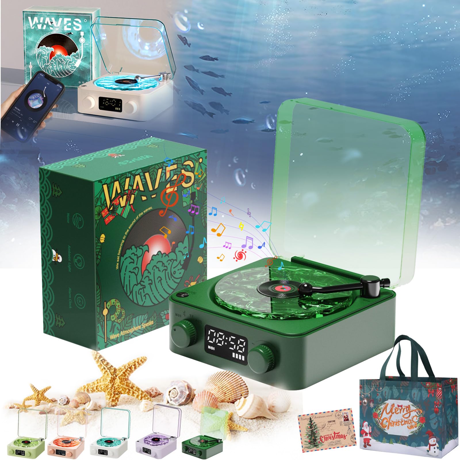 NNBWLMAEELumena Lamp Record Player, Aquavinyl Waves Mini Speaker, The Waves Vintage Vinyl Record Player, 4 Modes, 5 Colors with Adjustable Ambient Lighting (Dark Green)