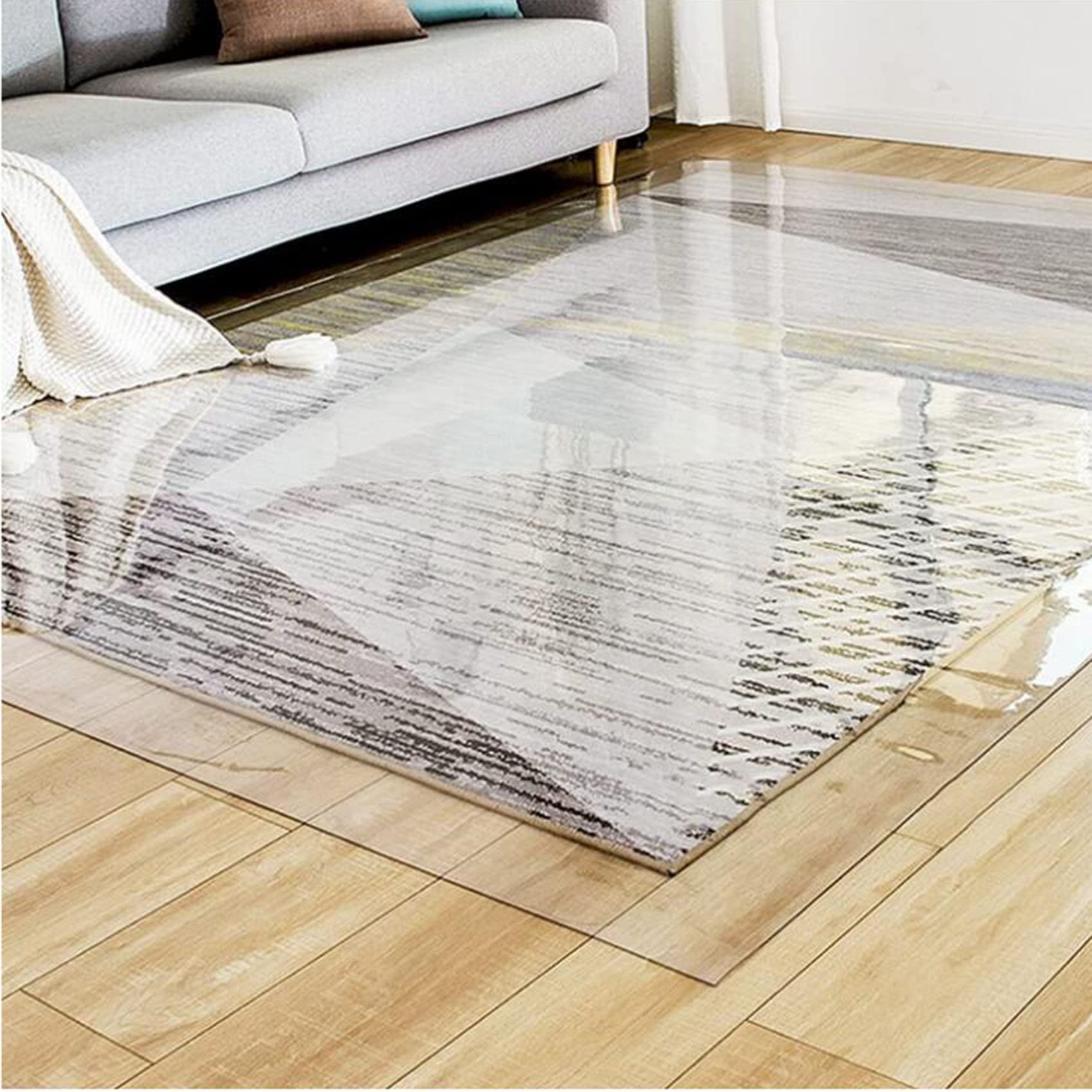 Protector de suelo antideslizante transparente, resistente a arañazos y desgaste, vinilo 100% impermeable, tamaños personalizables (60-140 cm), ideal para alfombras y muebles de interior.