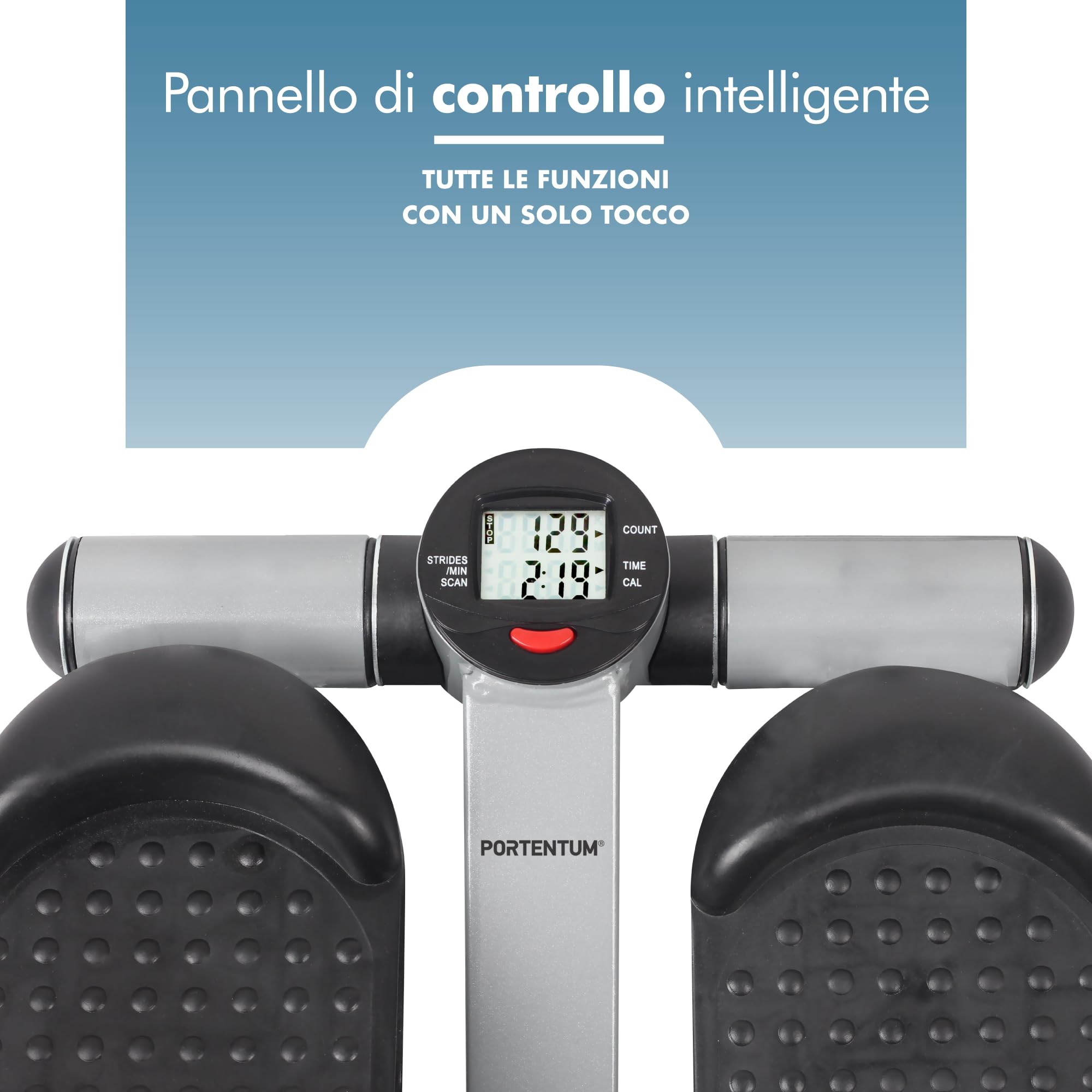 PORTENTUM Mini stepper fitness casa con bande di resistenza e schermo LCD 5 funzioni — Step 3-in-1 per gambe, glutei e braccia — Intensità regolabile — Attrezzi palestra compatti e facili da riporre