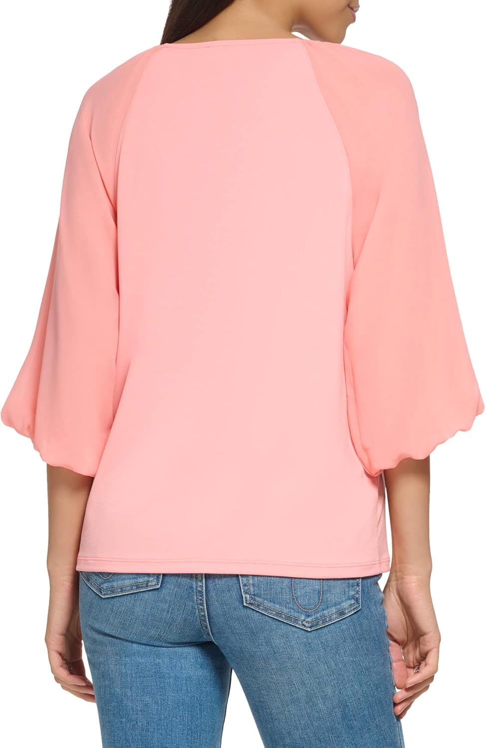 Calvin Klein Womens Loose Fitted Matte Jersey Mixed Media Lantern Sleeve Blouse