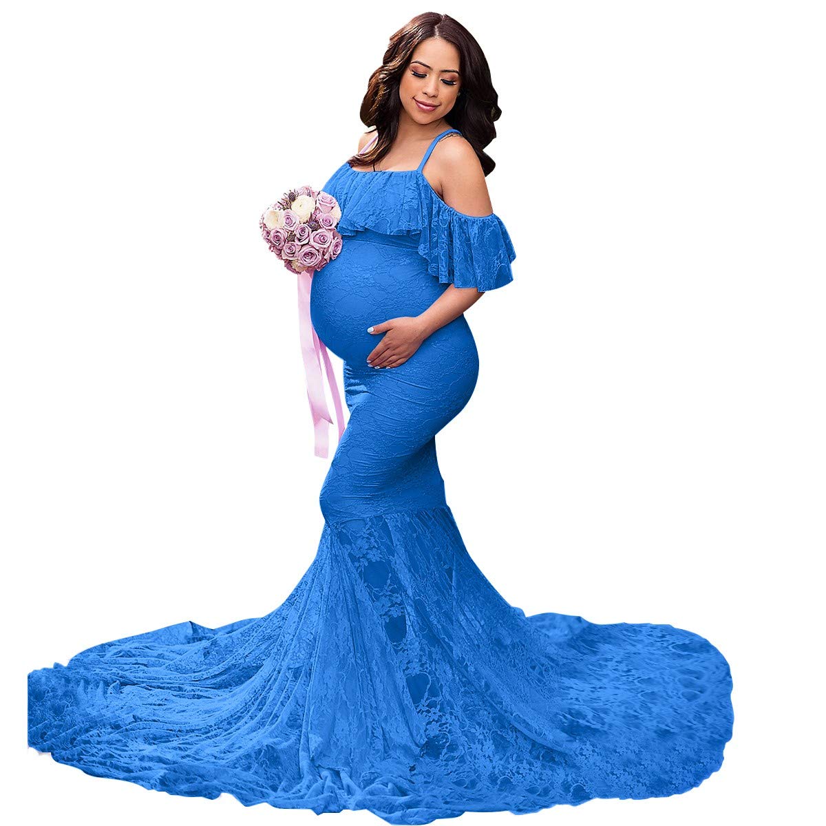 MYRISAM Kobiety macierzyńska koronkowa sukienka z odsłoniętymi ramionami falbanka wąska dopasowana sesja zdjęciowa wesele bal studniówka sukienka na baby shower, Głęboki błękit, M