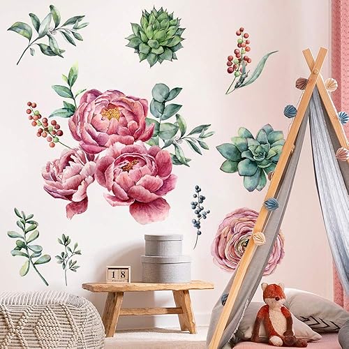 Miniatura 6 de Amaonm - Calcomanías de pared removibles en 3D con flores de peonía rosa y rojo con plantas verdes, hojas y hojas, calcomanías de pared, decoración