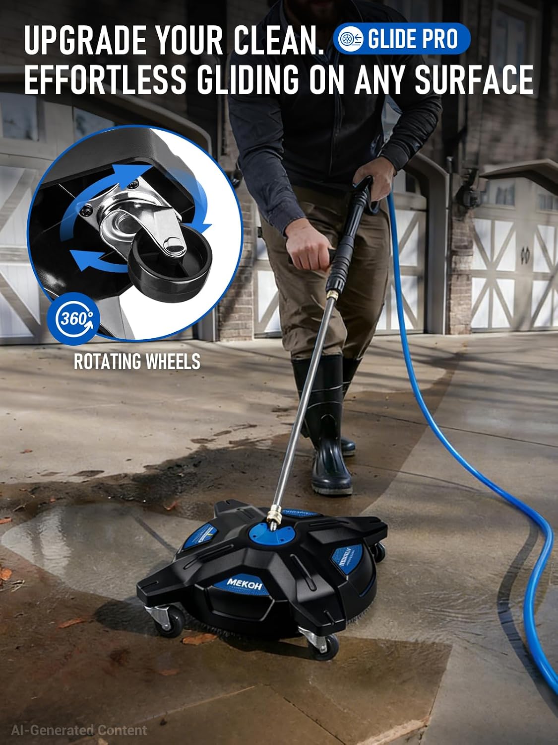 mekoh 16.5” pressure washer surface cleaner, large lightweight driveway pressure washer attachment 3600psi, 4 caster wheels, 1/4” quick connect, universal gas & electric power washer surface cleaner black