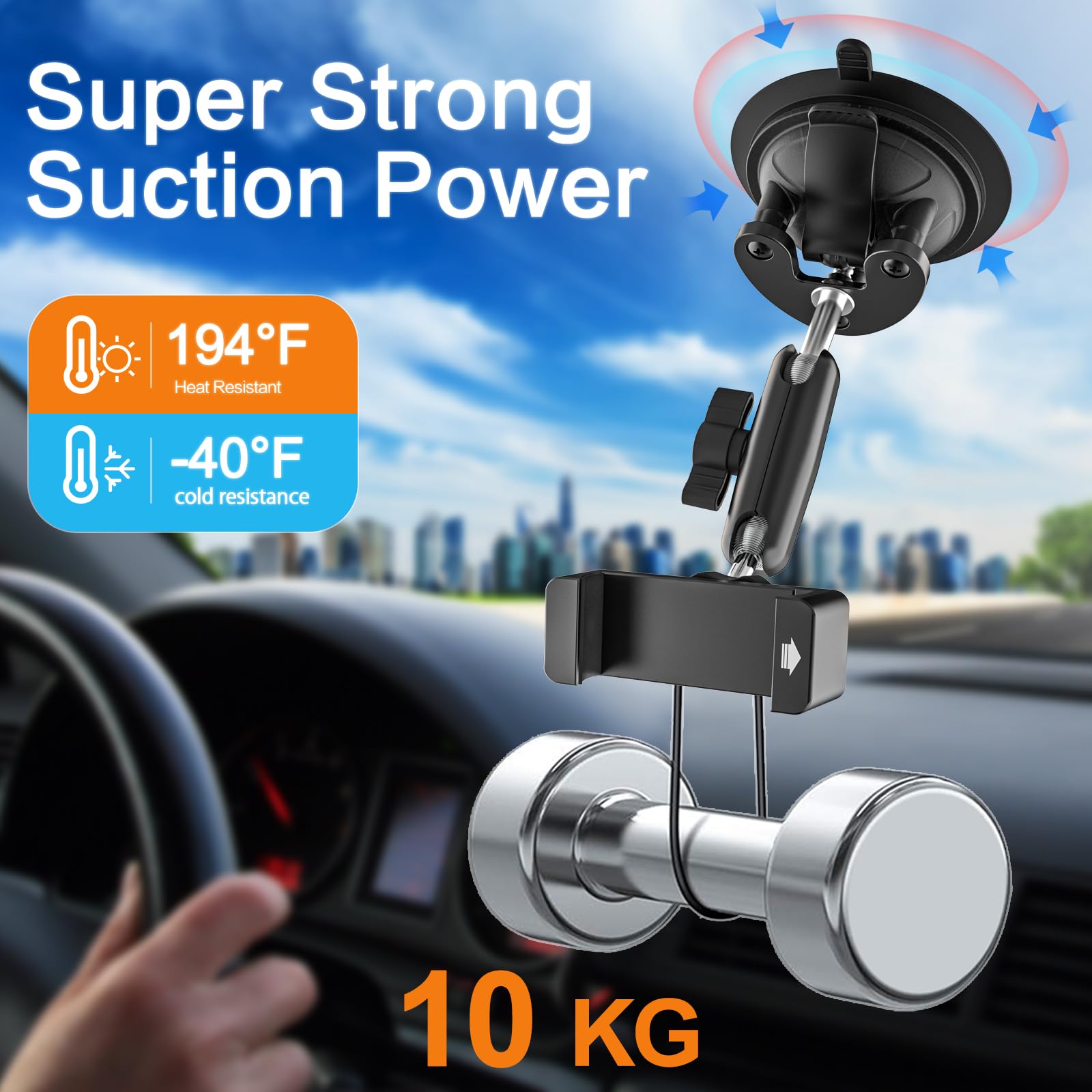 Support Téléphone Tracteur/Voiture en Métal [Bras Réglable en Aluminium] Support Tableau de Bord Pare-Brise Vitre avec Grande Ventouse pour Tous Les Téléphones, iPhone 17 16 15 Pro Max, etc
