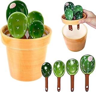 Ceramic Cactus Measuring Spoon Set in Pot Organiser, 5 Pieces Cup Measuring Cup Set with Measuring Ruler, Cup Measuring Cup Small Spoon Set with Scale, Cute Cactus Measuring Cups for Dry Liquid
