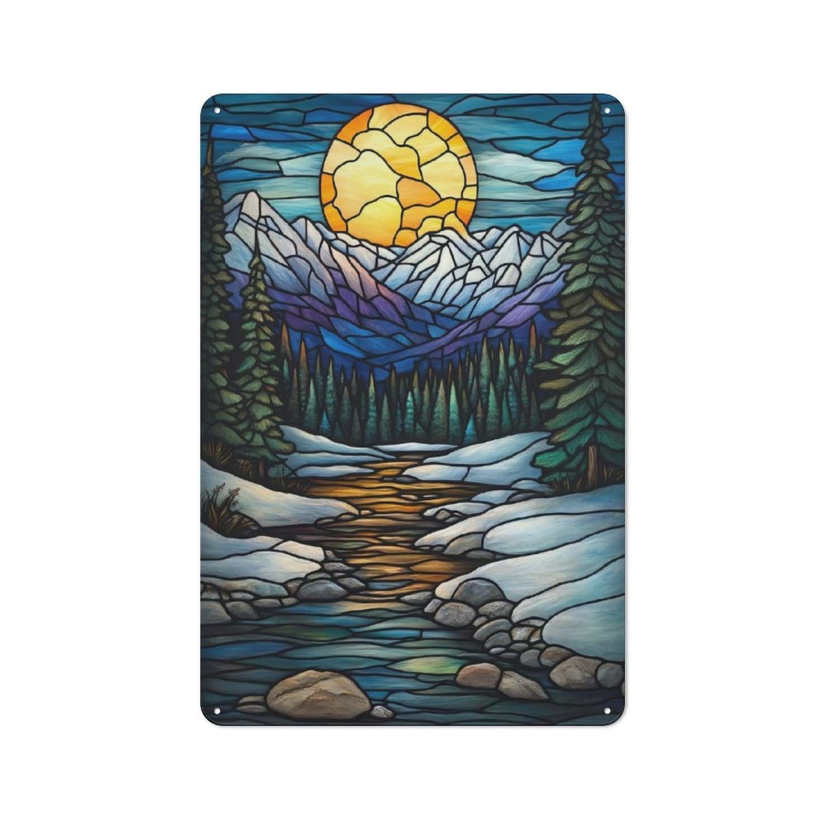 Junmoney Style-3 Character Decorative Tin Plaque 30X20cm Featuring Stained Glass Mountain Stream, Home Wall Decor For Flat, Dorm Room, Lounge Or Cafe