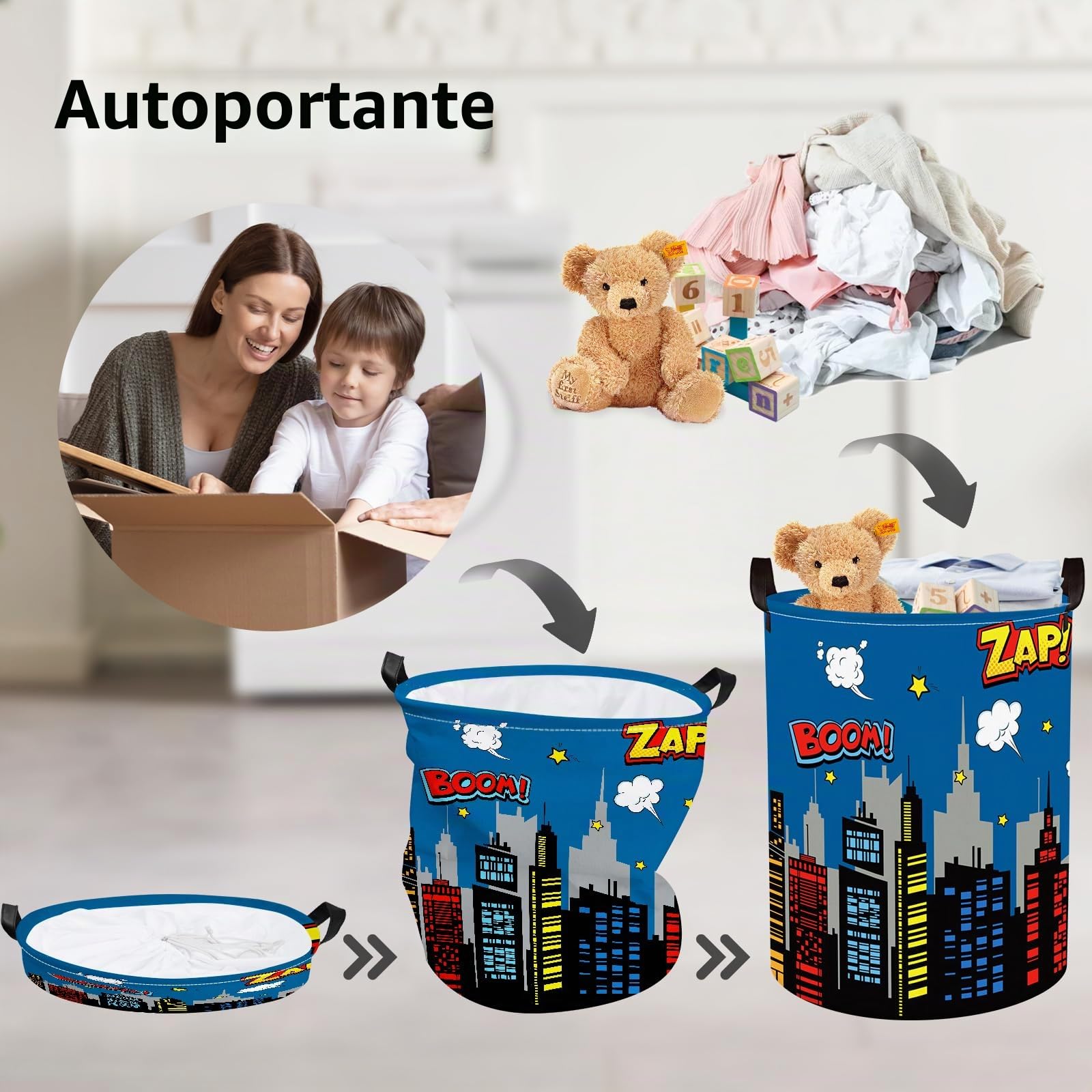 Clastyle Ceste Biancheria Bambini Città Skyline Blu con Coperchio per Ragazzo Ragazza Cestino Portaoggetti Giocattoli Pieghevole Vestiti Giocattolo con Manici per Bagno Cameretta, Skyline, 36x45 cm