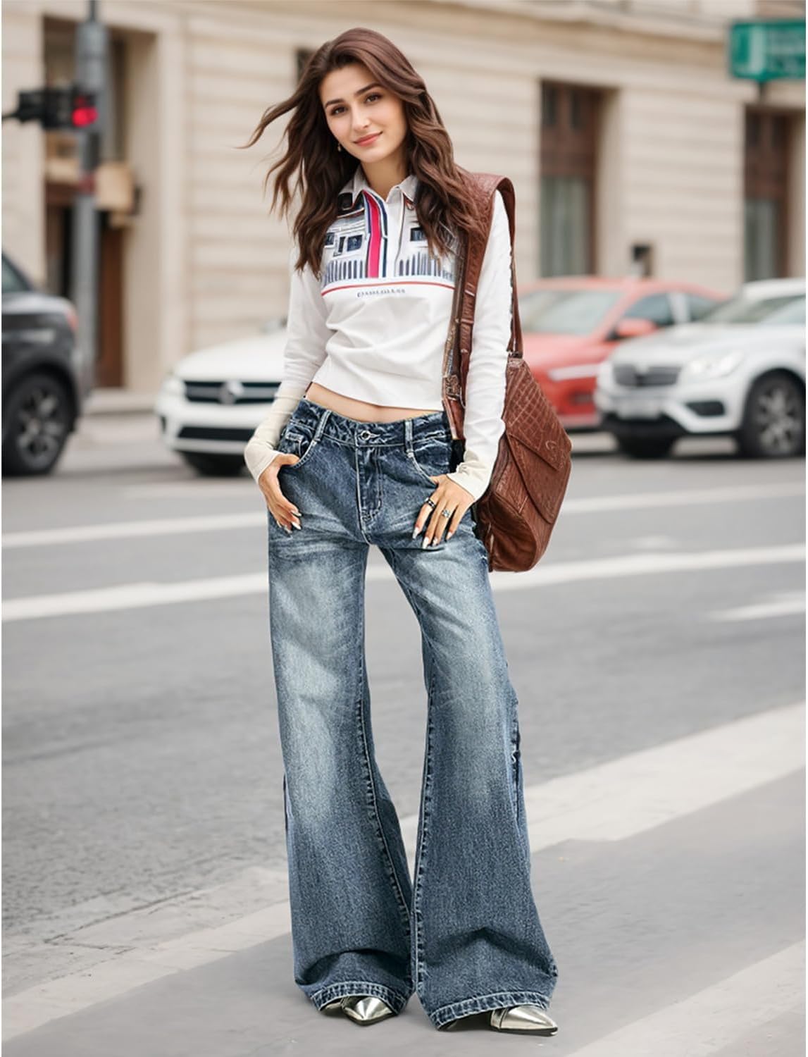 Women's Low Rise Wide Leg Flare Jeans Baggy Vintage 90s Bell Bottom Jeans Casual Loose Fit Boyfriend Denim Pants - Image 2