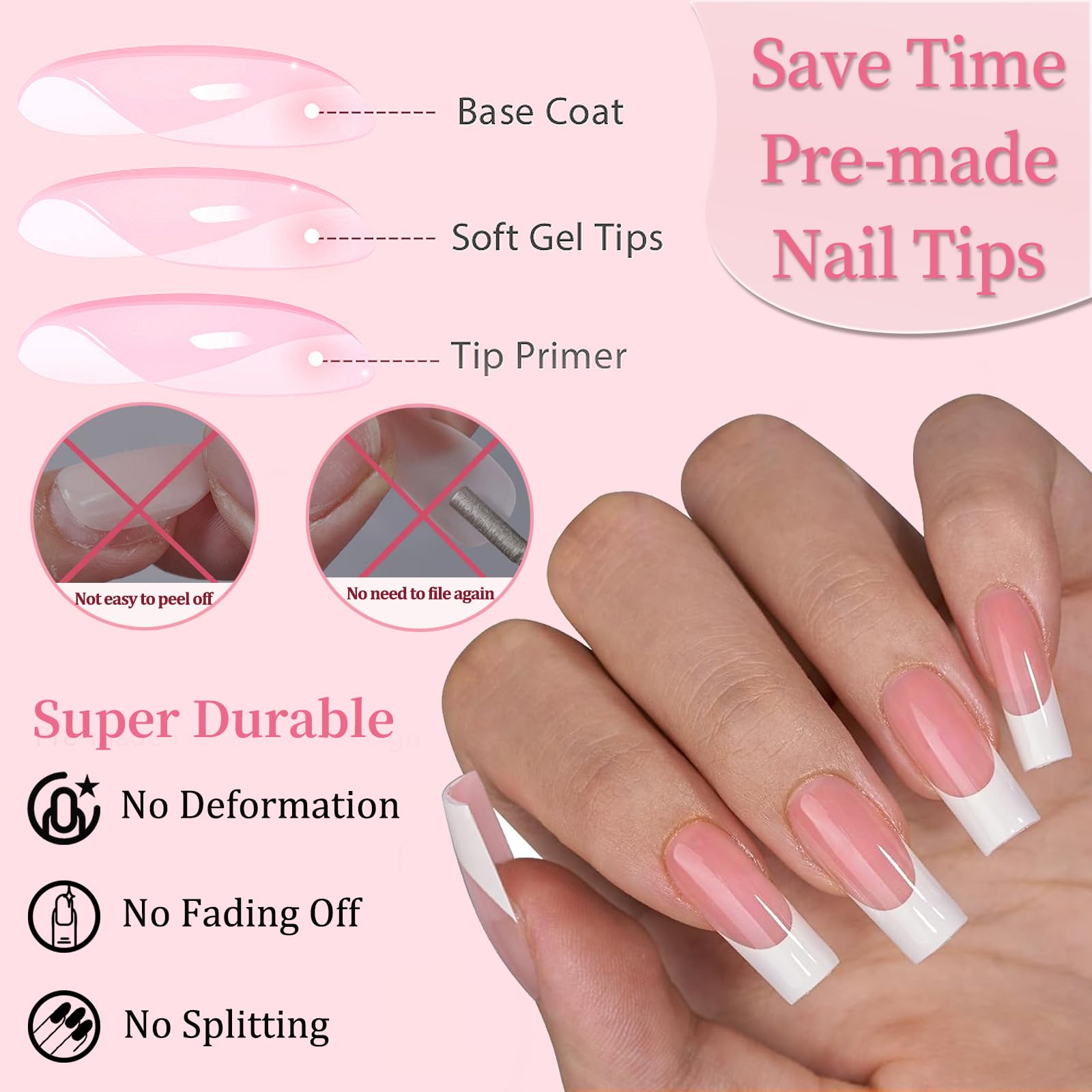 Kit da 240 unghie finte finte rosa nude con punta francese, unghie finte a bara super lunghe, unghie finte resistenti con colla